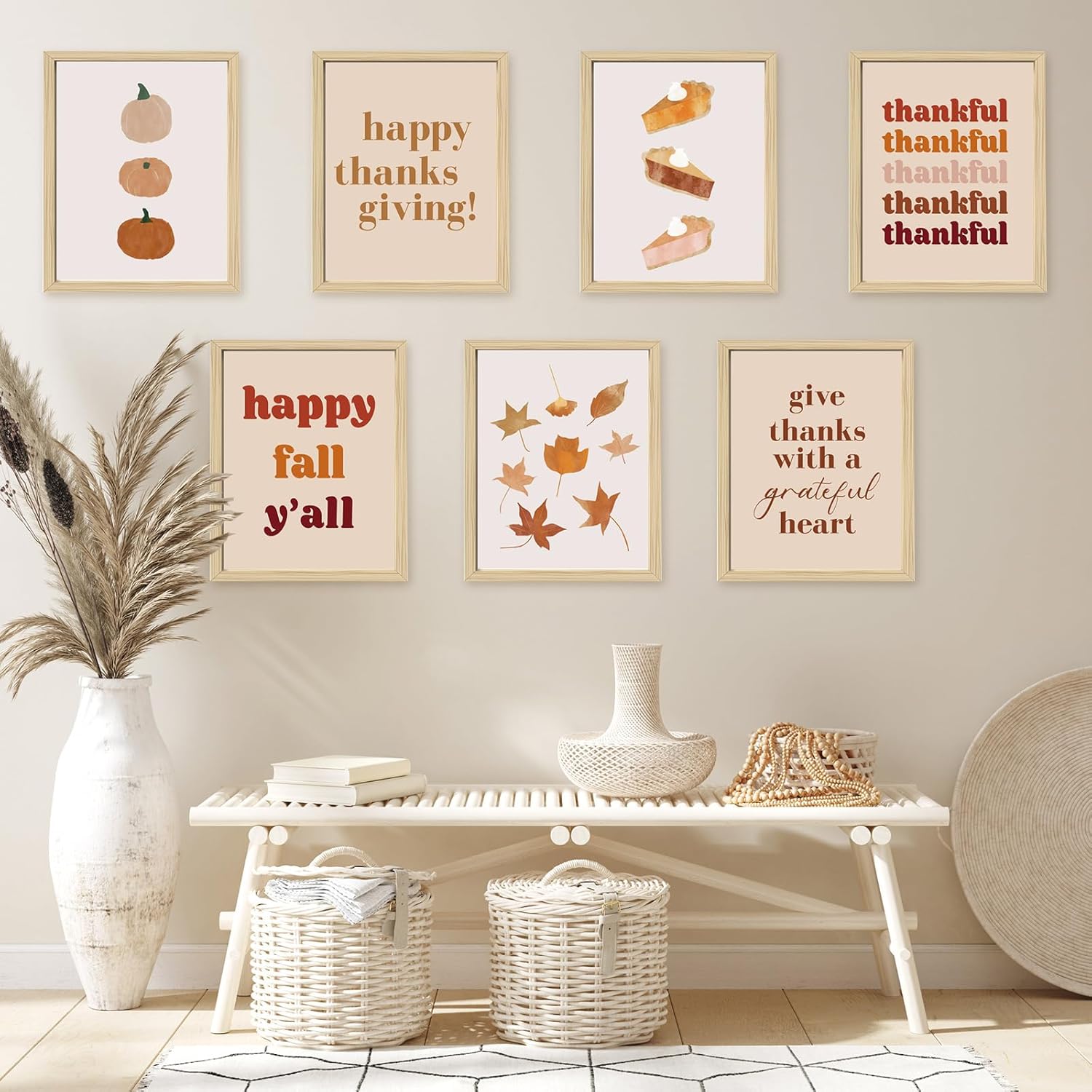 AnyDesign 9 piezas de arte de pared boho con temática de otoño, feliz otoño, Acción de Gracias, pósteres de arte en papel, pastel, calabaza, hojas