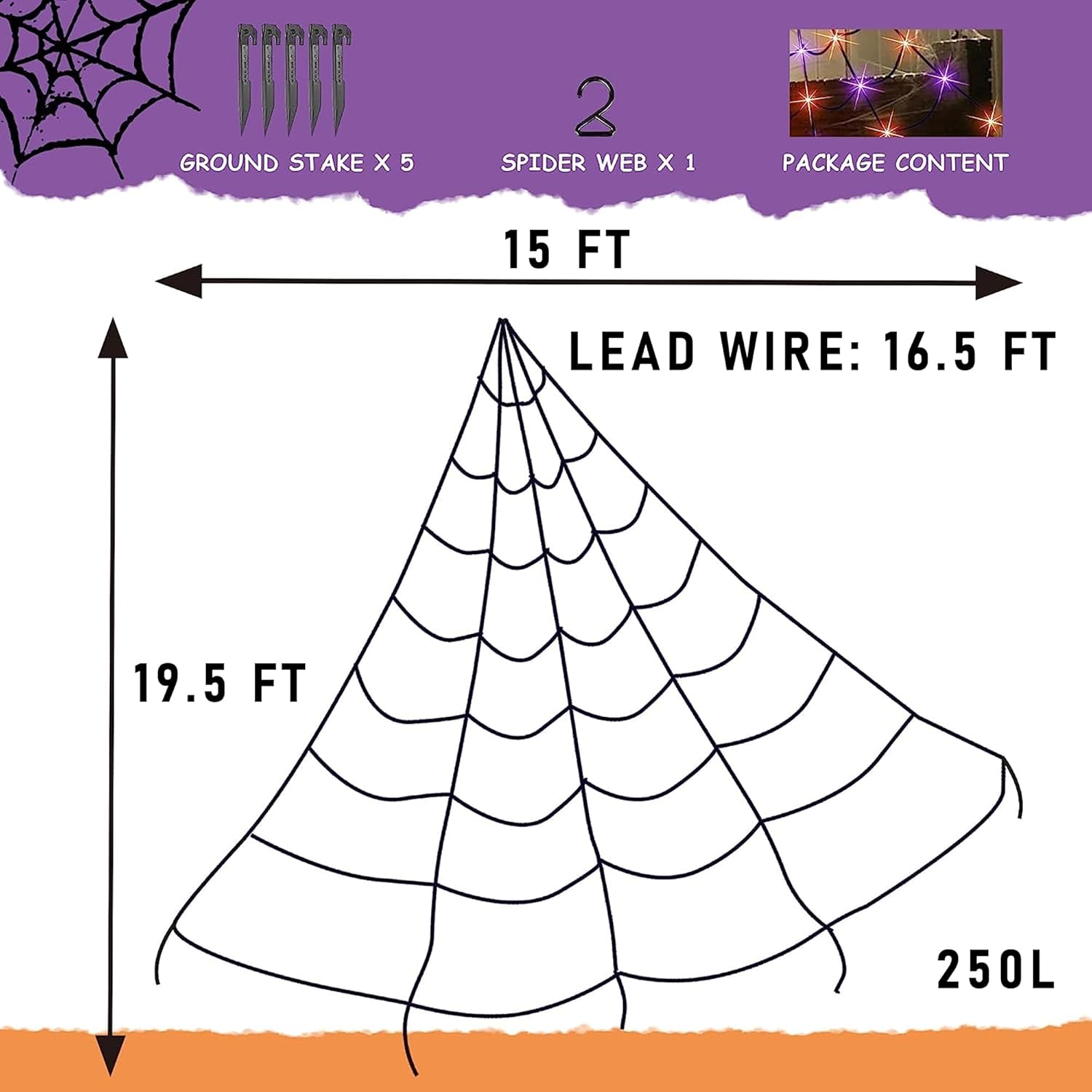 Dazzle Bright 250 luces LED de telaraña de Halloween, 19.5 pies x 15 pies, decoraciones de Halloween gigantes para interiores y exteriores, casa,