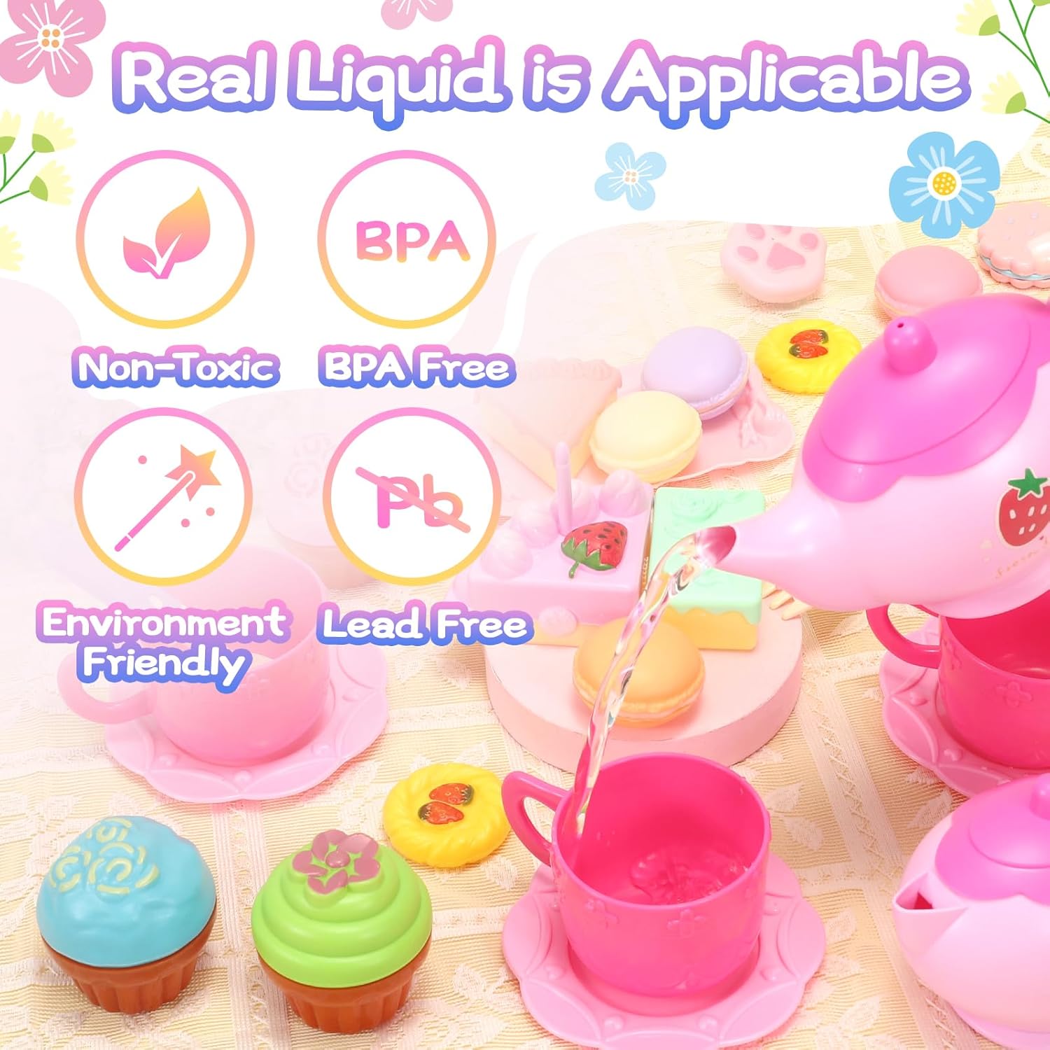 Tagitary Juego de fiesta de té para niñas pequeñas, juego de té de princesa, incluye galletas de postre, tetera, mantel y funda de transporte,