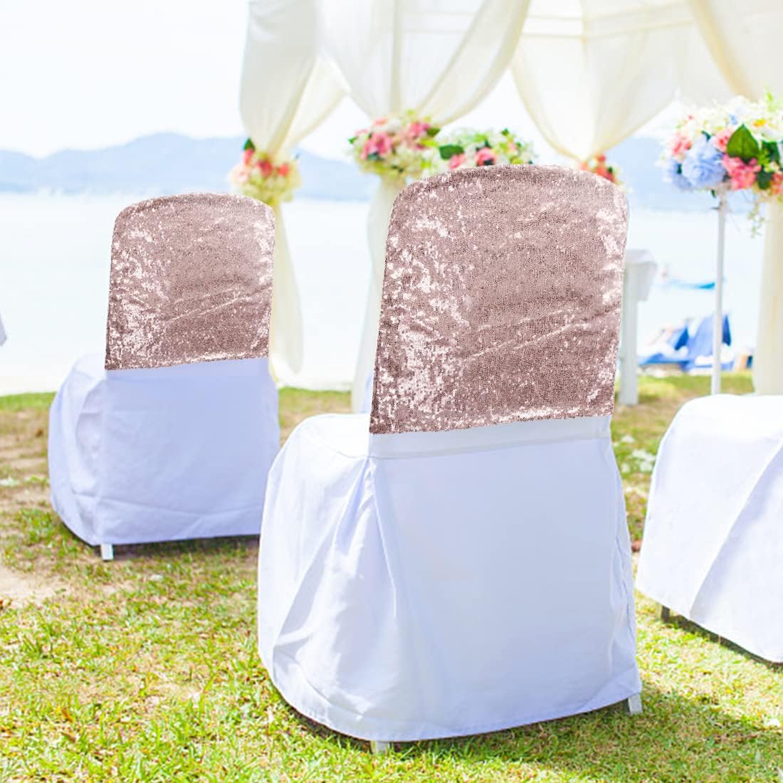 Poise3EHome Juego de 4 fundas de lentejuelas para respaldo de silla, fundas plegables de color oro rosa para fiestas, bodas, banquetes, recepciones
