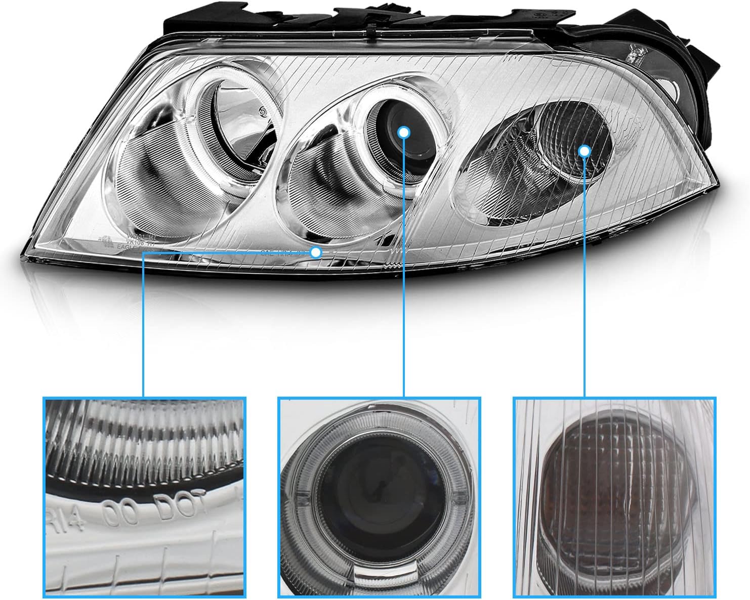 AmeriLite Faros delanteros de repuesto para proyector con halo LED dual cromado para Volkswagen Passat B5.5 02-05 – lado del pasajero y del conductor