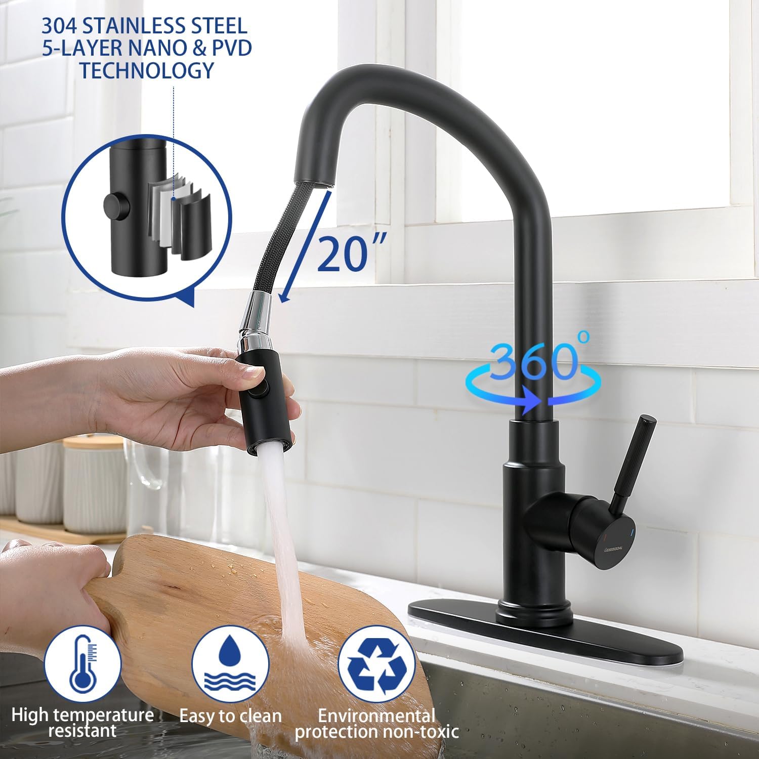 Grifos para fregadero de cocina con rociador extraíble, rociador de dos funciones, grifo de fregadero de una sola manija, giratorio de 360 y tubo