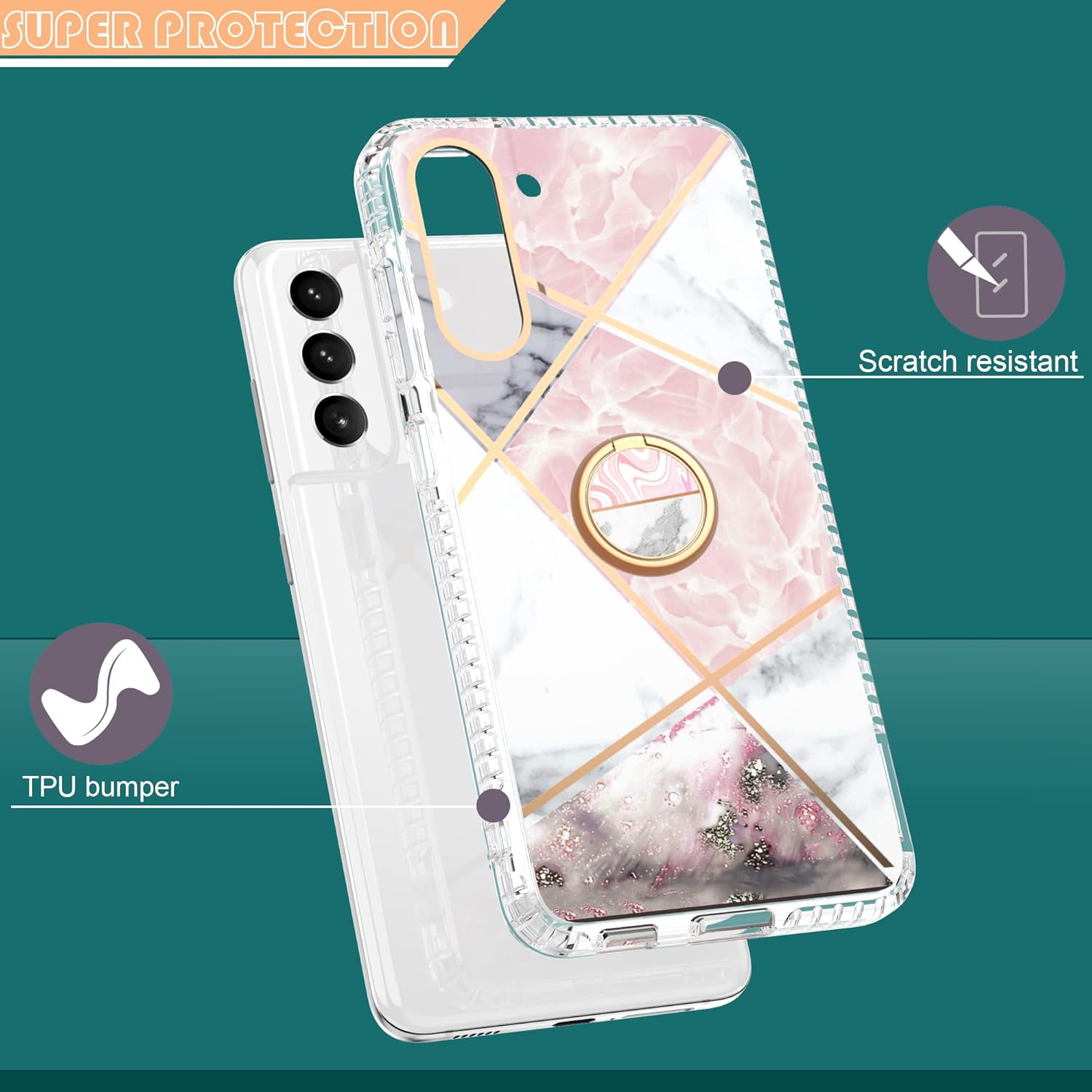 Asuwish Funda de teléfono para Samsung Galaxy S21 FE 5G con protector de pantalla y soporte de anillo de mármol, a prueba de golpes, silicona TPU,