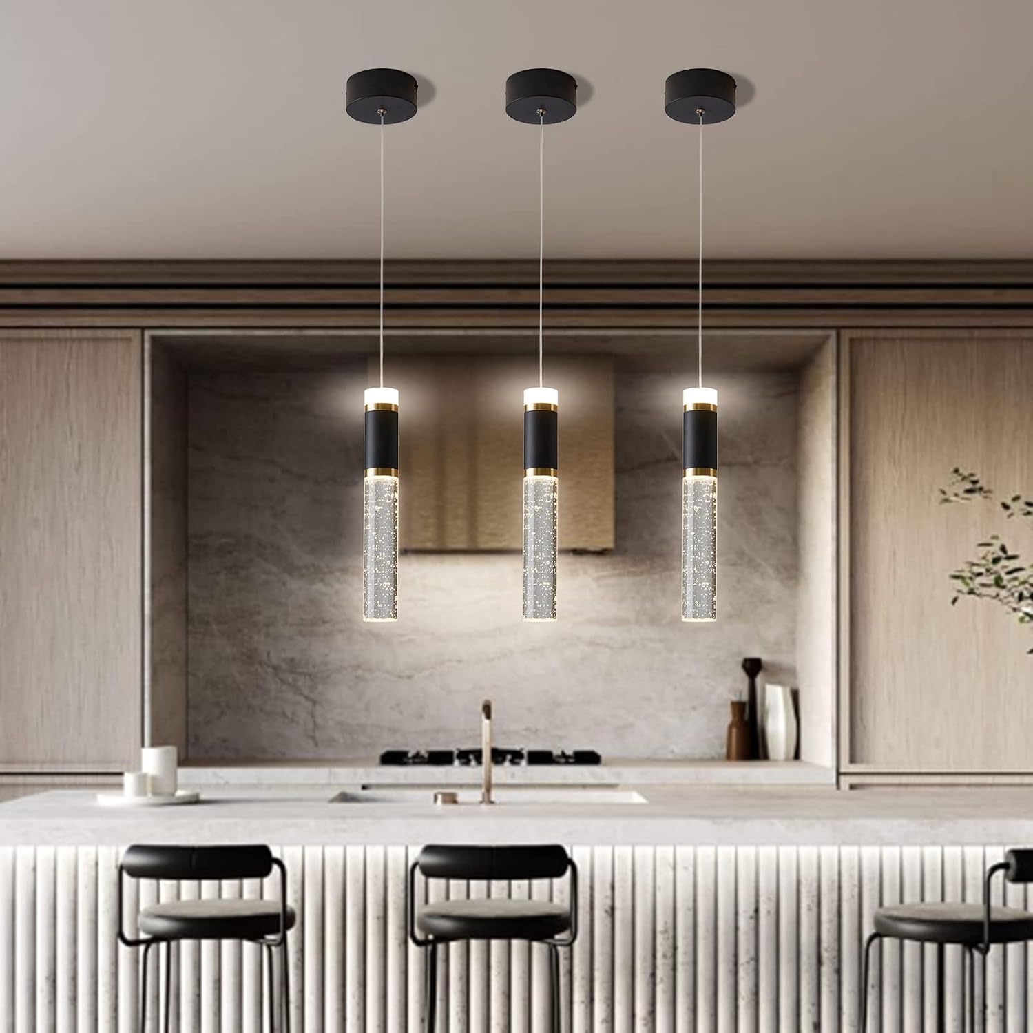 Lámpara colgante LED, lámpara LED moderna de cristal para isla de cocina, iluminación colgante ajustable para isla de cocina, candelabro LED negro