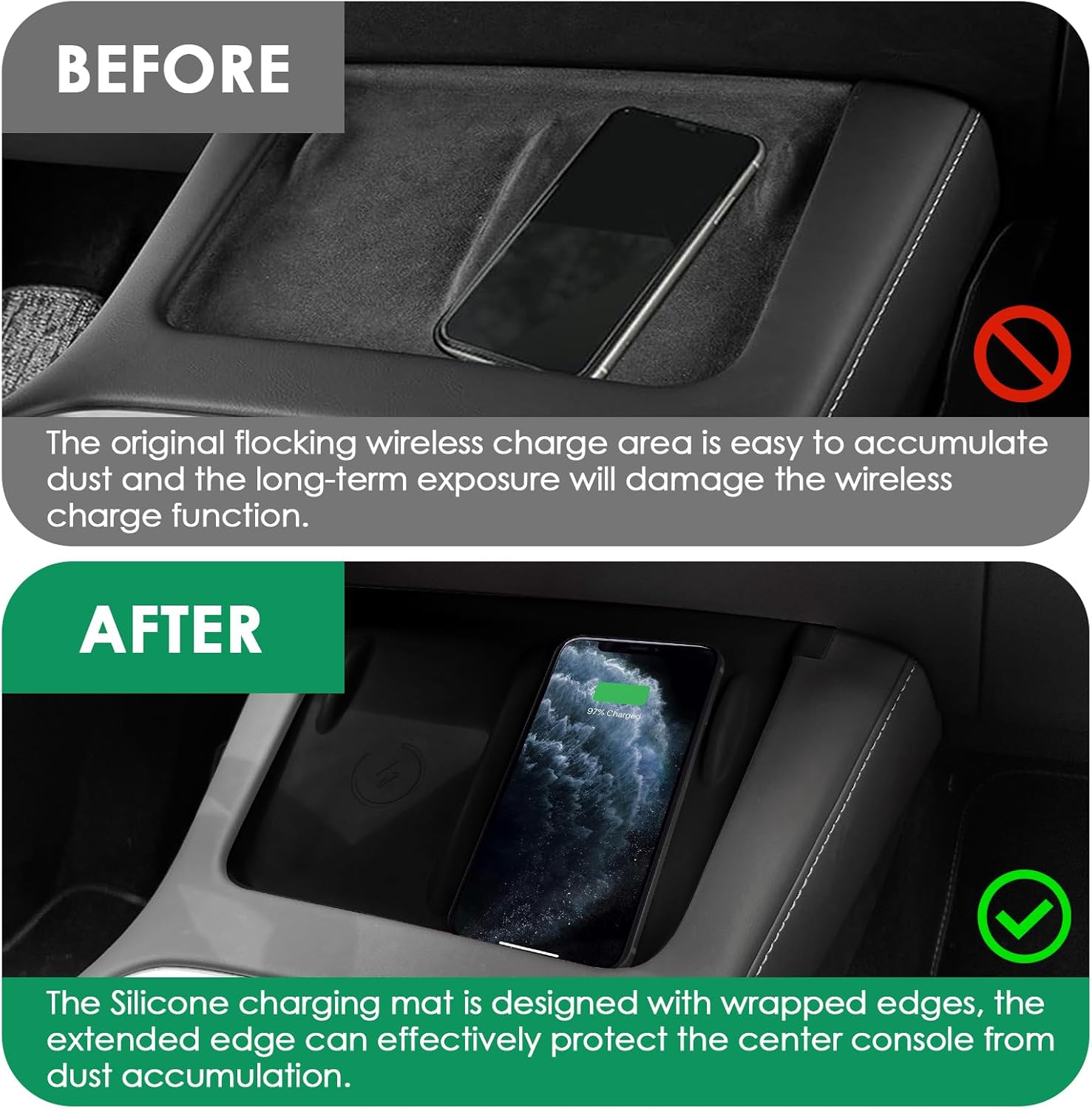 Alfombrilla de silicona de carga inalámbrica para consola central, compatible con Tesla Model 3, modelo Y 2023, 2022, 2021, accesorios impermeable,