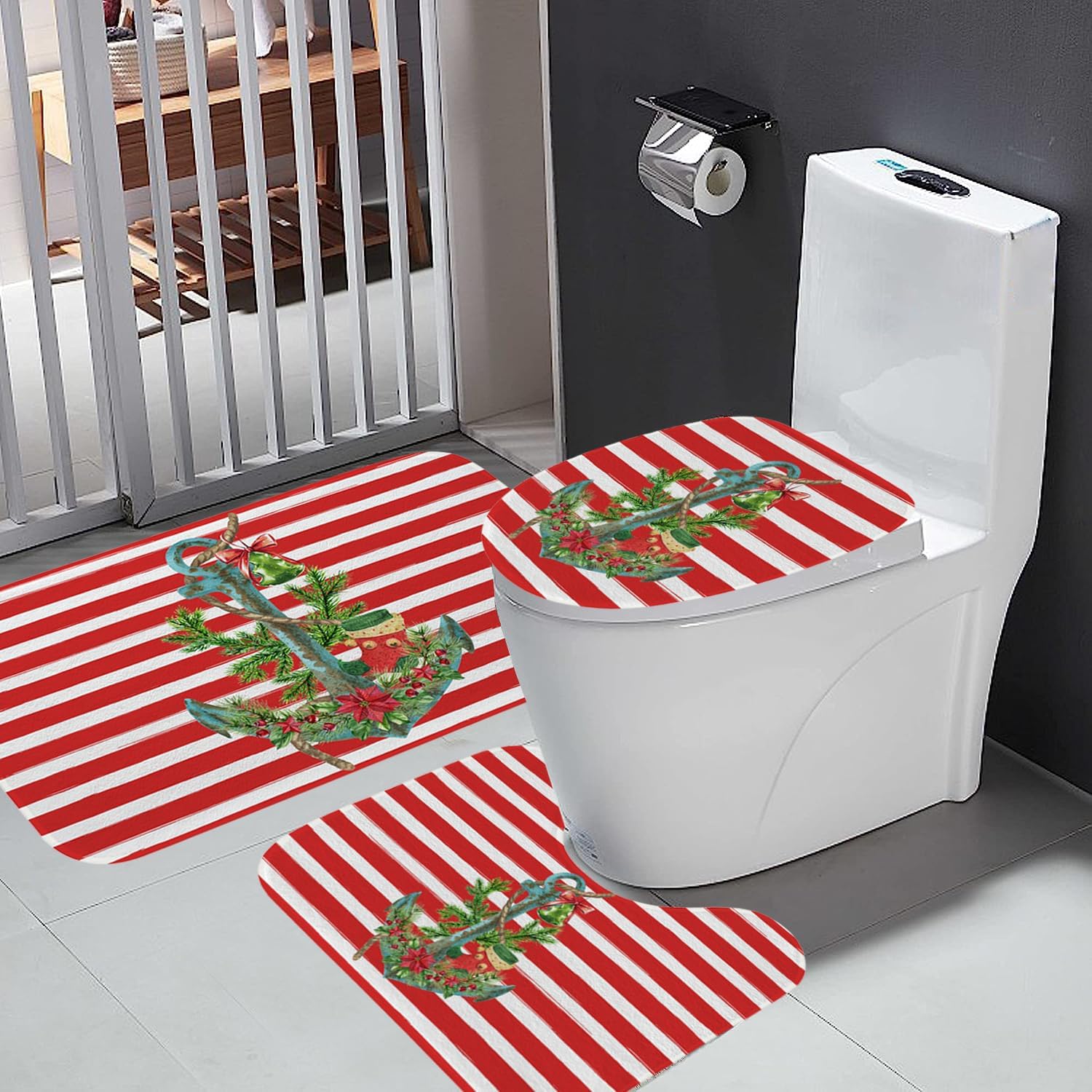 Juego de 3 alfombras de baño rojas de Navidad con alfombra de contorno antideslizante + cubierta de tapa de inodoro oblonga + alfombra de baño