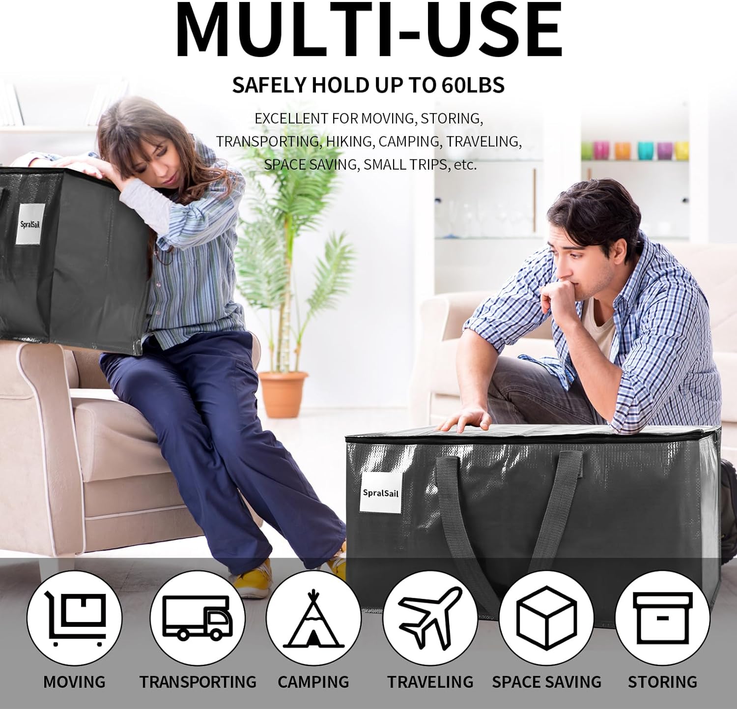 SpralSail Bolsas de mudanza, bolsas de almacenamiento extra grandes de 93L con cremalleras y asas, bolsas impermeables para almacenamiento de ropa,