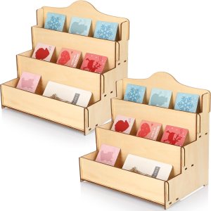 2 soportes de exhibición de tarjetas de felicitación de 3 niveles, calcomanías de madera, estantes portátiles en blanco para fotos, postales, joyas, 2 soportes de exhibición de tarjetas de felicitación de 3 niveles, calcomanías de madera, estantes portátiles en blanco para fotos, postales, joyas,