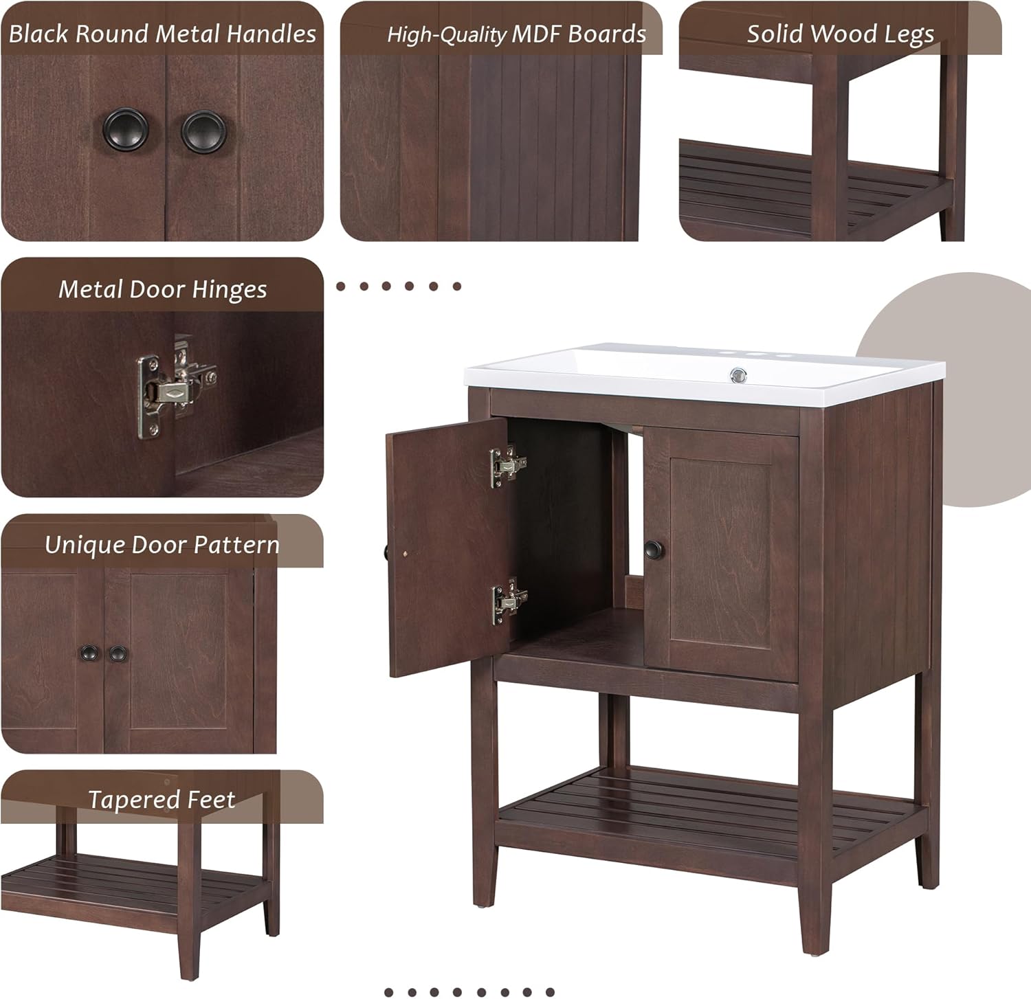 P PURLOVE Mueble de baño de 24 pulgadas con fregadero, armario de almacenamiento de baño con puertas y estante abierto, juego de fregadero de madera