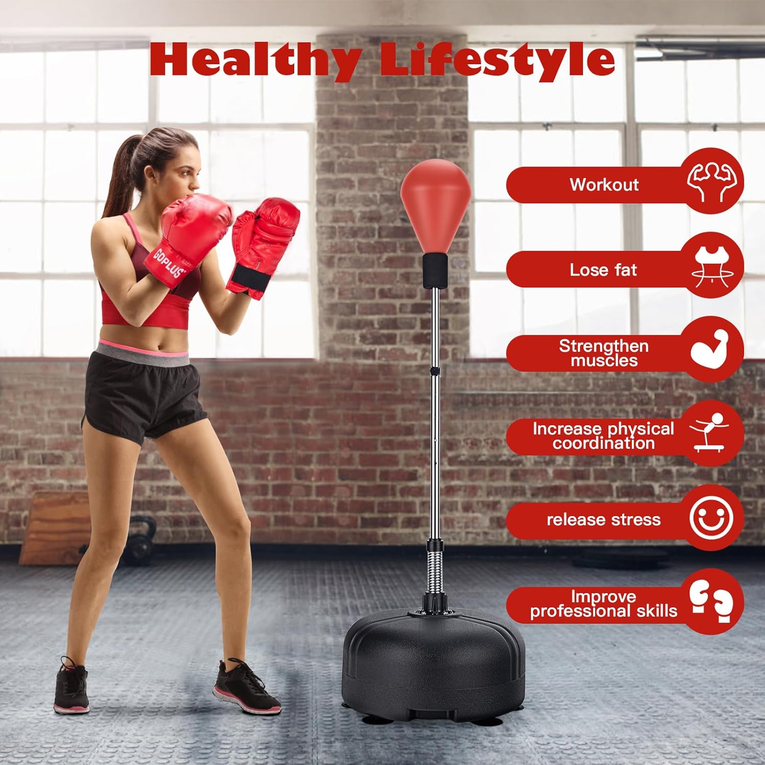 Goplus Saco de boxeo con soporte para adultos y niños, bolsas de velocidad refleja independientes con altura ajustable de 55 a 62.5 pulgadas, equipo