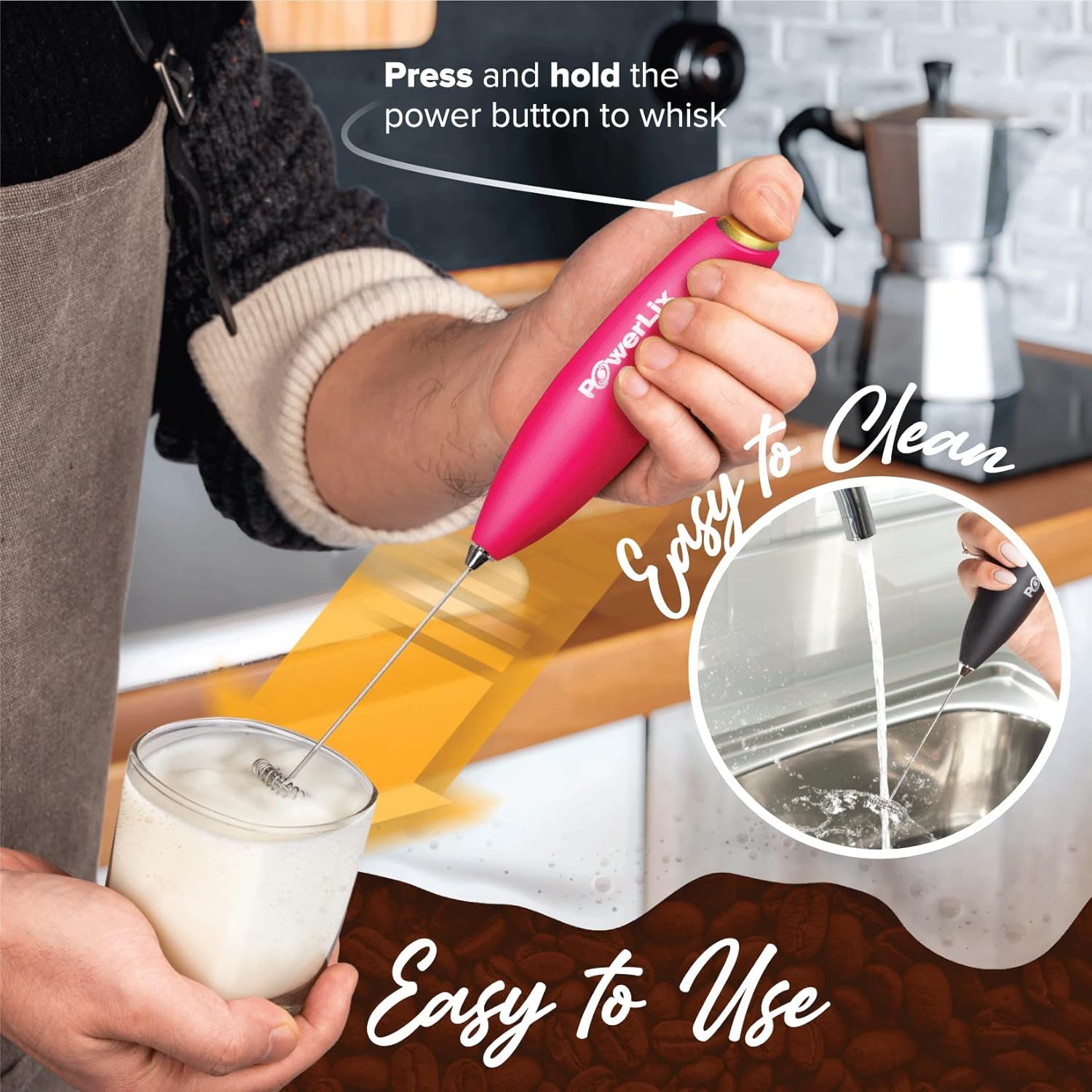 PowerLix – Vaporizador de leche, portátil, funciona con pilas, hace espuma para café, latte, capuchino, chocolate caliente batidor de bebidas