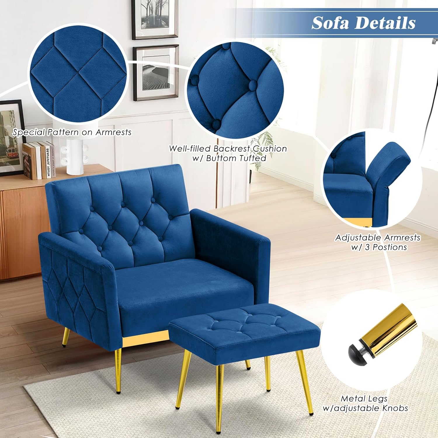 ACMEASE Silla decorativa de terciopelo con reposabrazos y respaldos ajustables, sofá individual copetudo con otomana, Chiar de lectura tapizado para