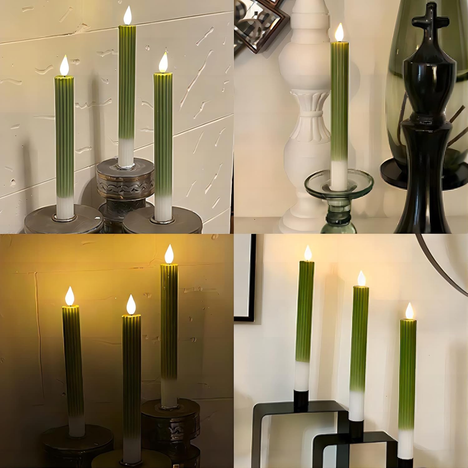 Homemory Velas cónicas sin llama a rayas verdes con temporizador remoto, paquete de 6 velas LED de cera real de 9.6 pulgadas, funciona con pilas,