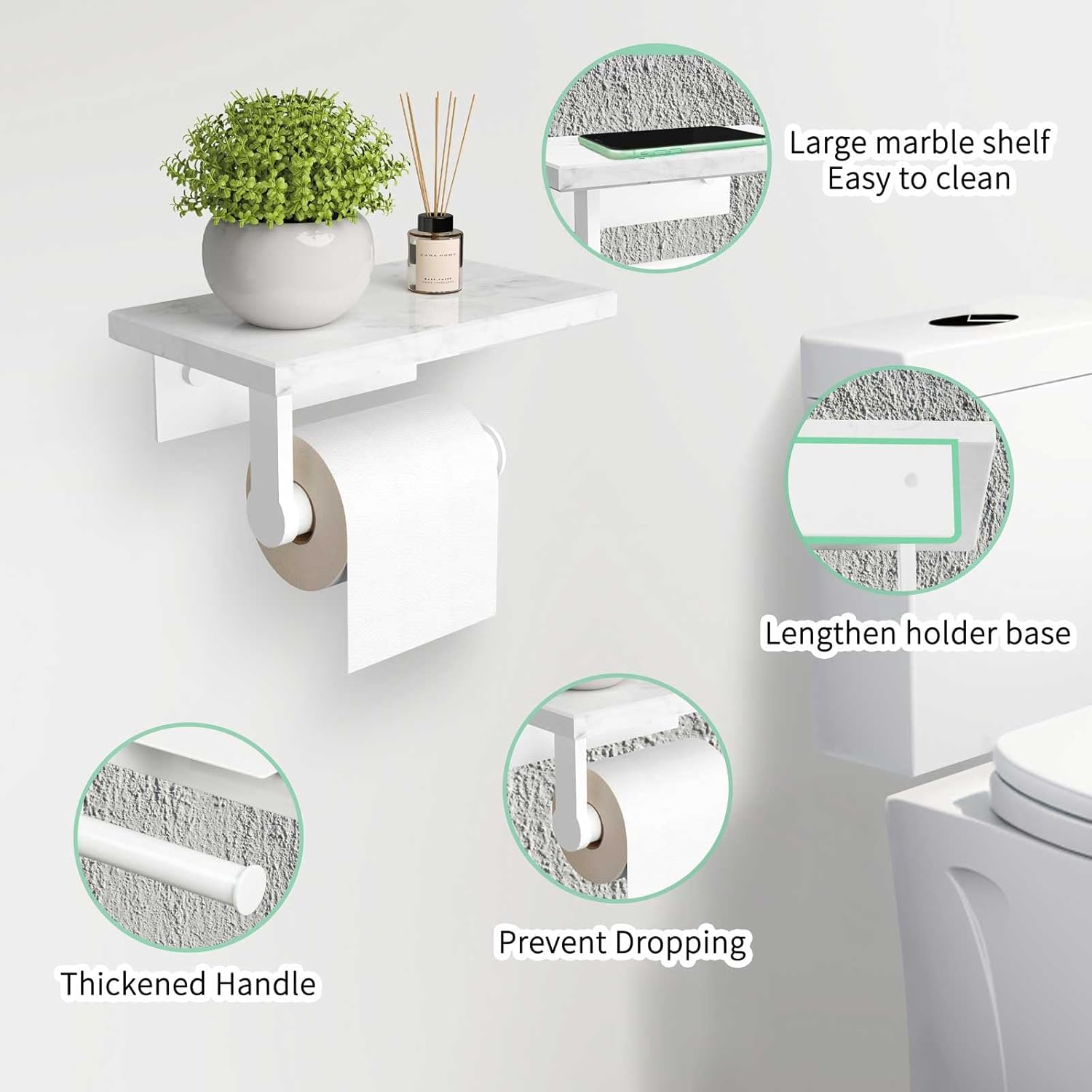 Soporte de papel higiénico de mármol con estante, soporte de papel higiénico de acero inoxidable con tornillo de acero inoxidable montado en la