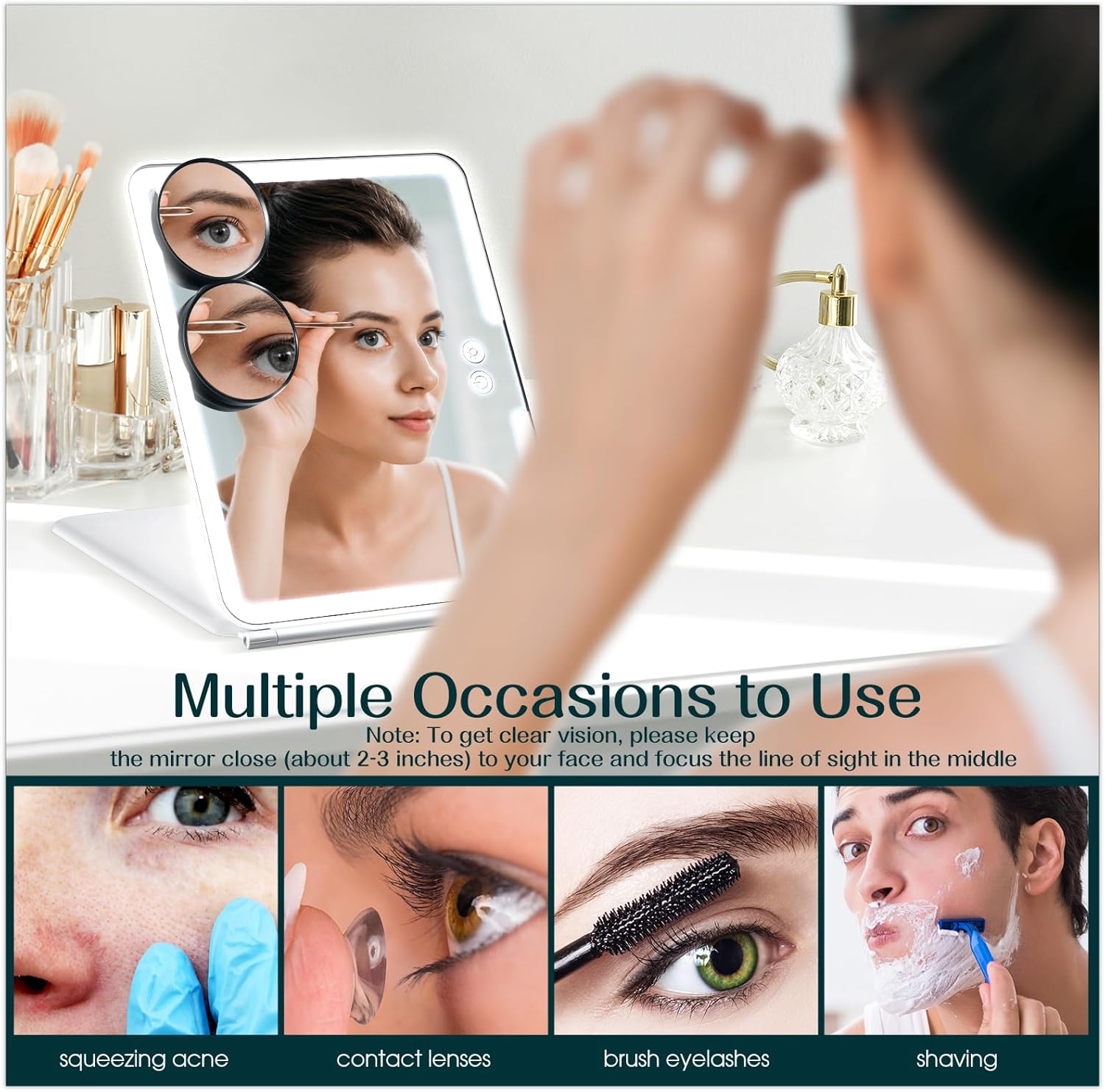 Soaoo Espejo de maquillaje grande con redondo 10X, espejo de aumento 20X, pinzas, espejo de maquillaje iluminado de viaje, iluminación de 3 colores,