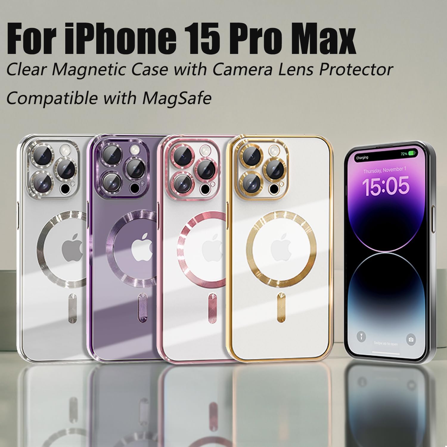 Misscase Funda MagSafe para iPhone 15 Pro Max con protector de lente de cámara, protección completa, funda magnética transparente compatible con