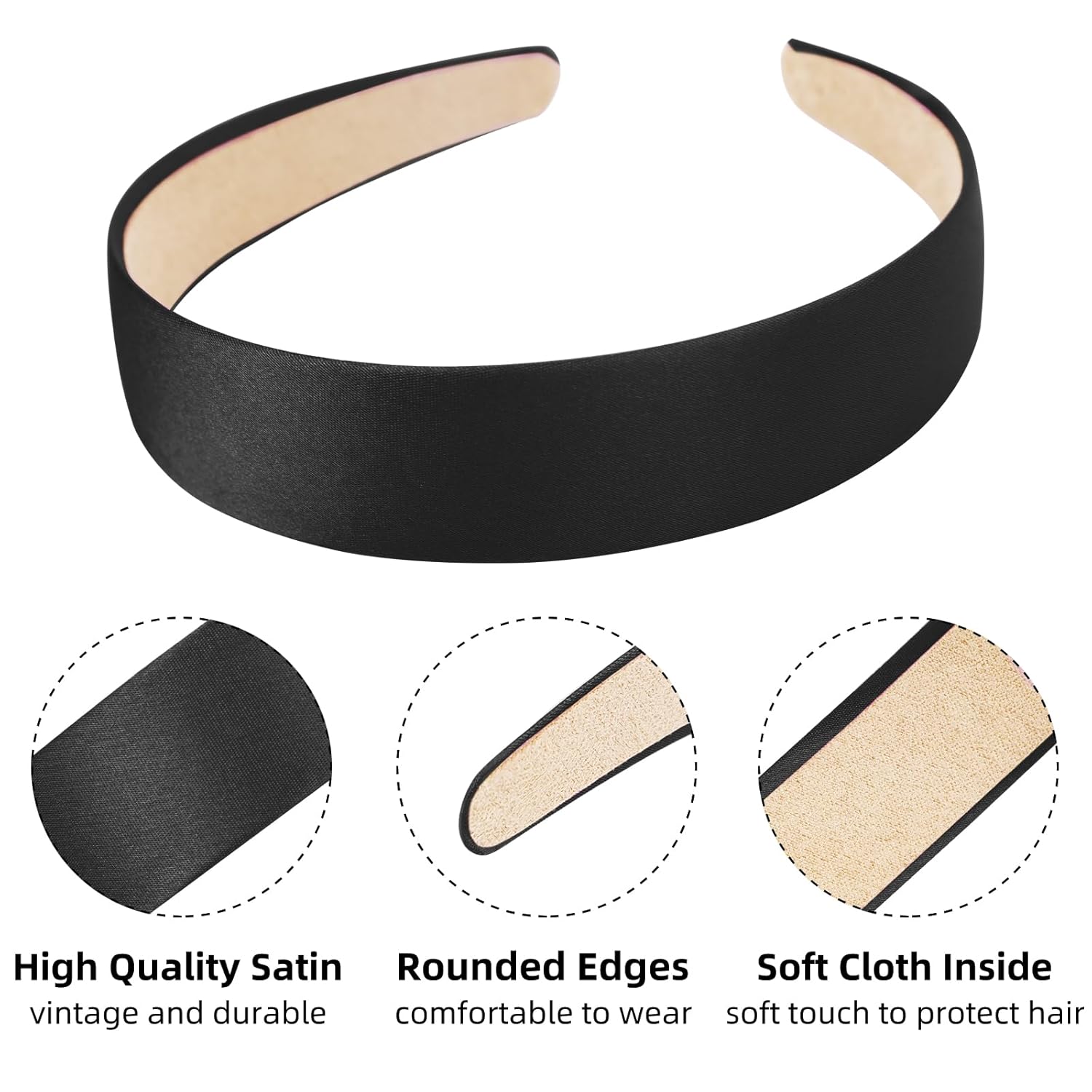 WOVOWOVO Paquete de 12 diademas de satén negro para mujer, 1.3 pulgadas de ancho, diadema antideslizante para niñas, banda para la cabeza, linda