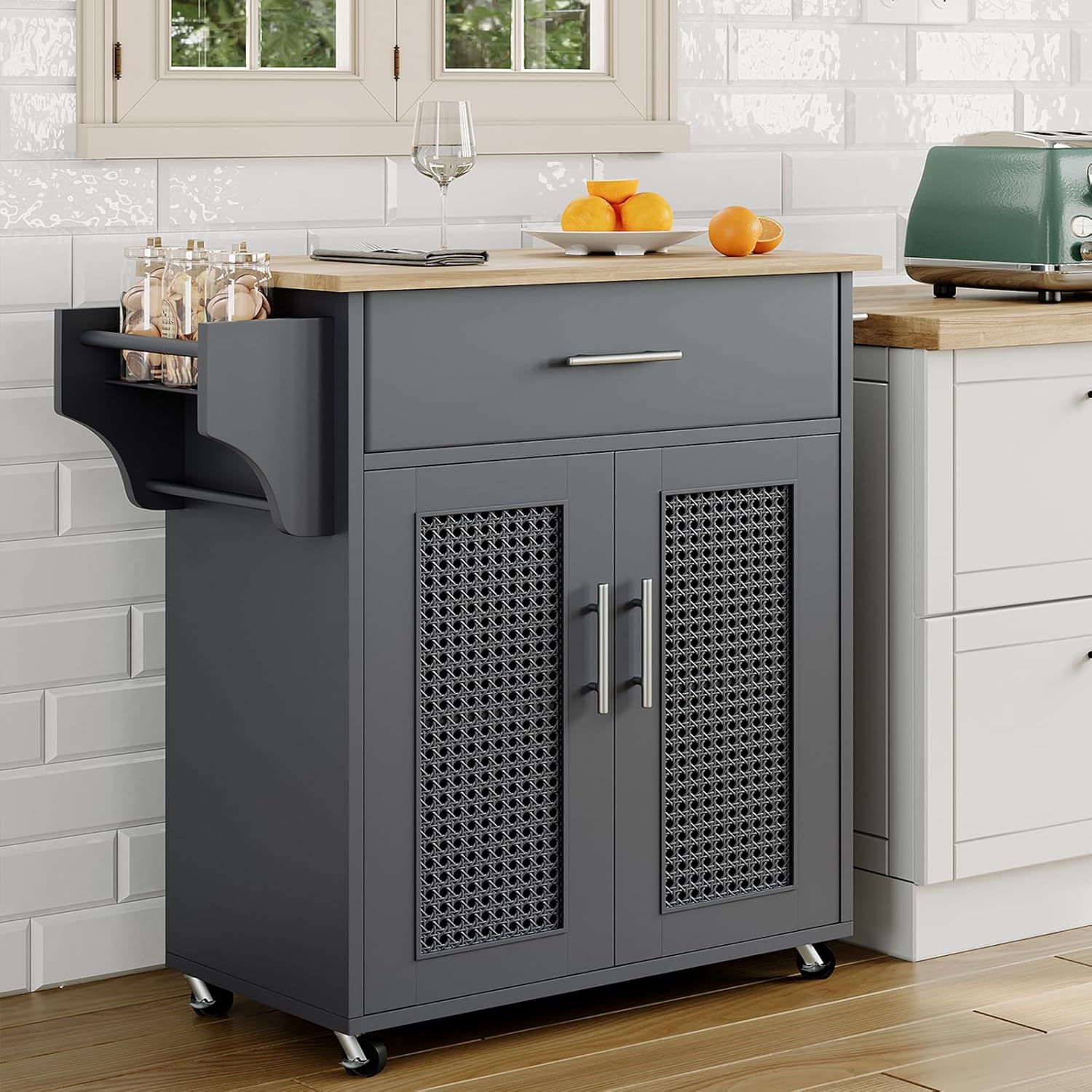 Tornama Isla de cocina con almacenamiento, isla de cocina rodante sobre ruedas con encimera de madera maciza, carrito de isla de cocina con gabinete