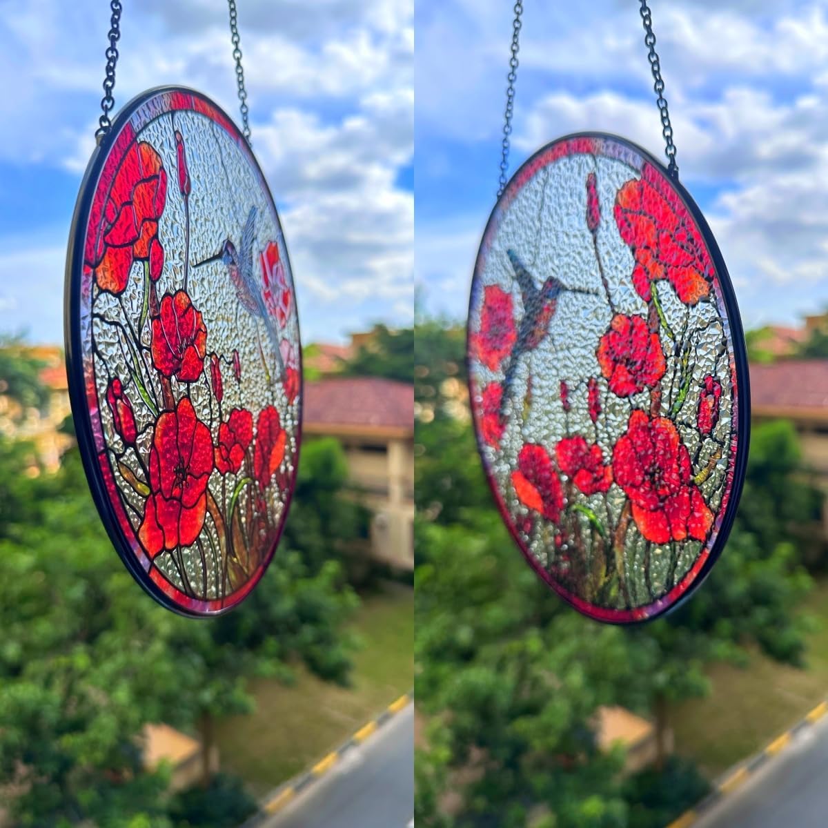 Atrapasoles de colibrí con vitrales, diseño original de 7.8 pulgadas, adorno de amapolas rojas de colibrí para atrapasoles para ventana interior