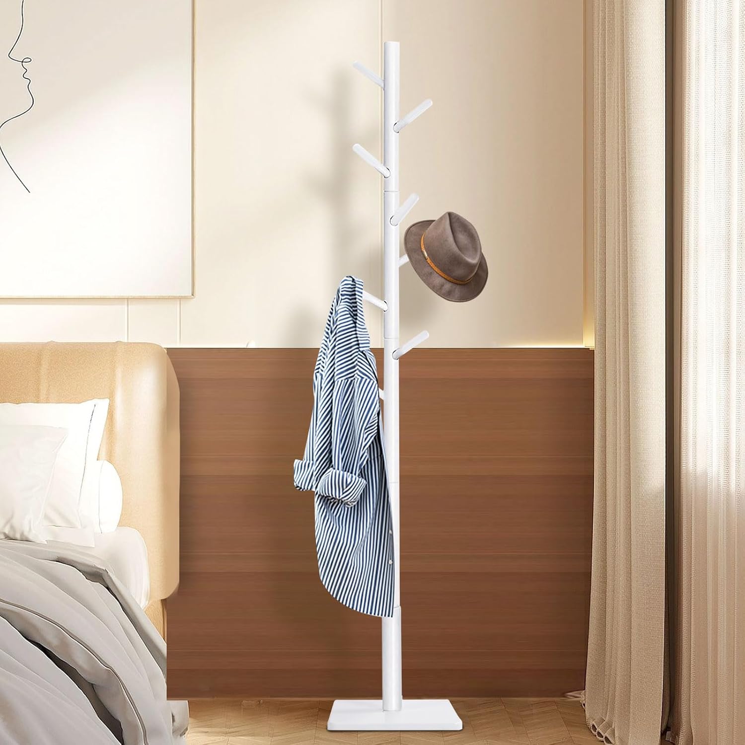 Yawinhe Perchero de pie, perchero de madera con 3 opciones de altura y 8 ganchos, base cuadrada resistente, perchero para pasillos, salas de estar,