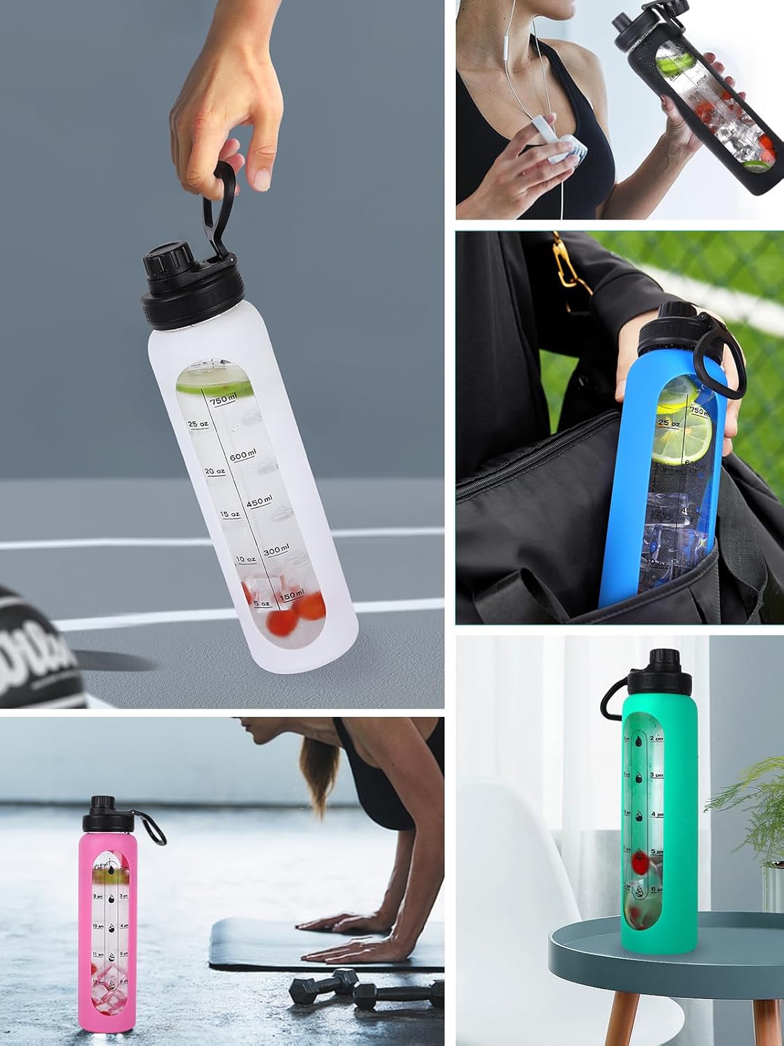 Botellas de agua de vidrio de 32 onzas con funda de silicona, botellas de hidratación para beber, reutilizables, sin BPA, borosilicato, boca ancha,