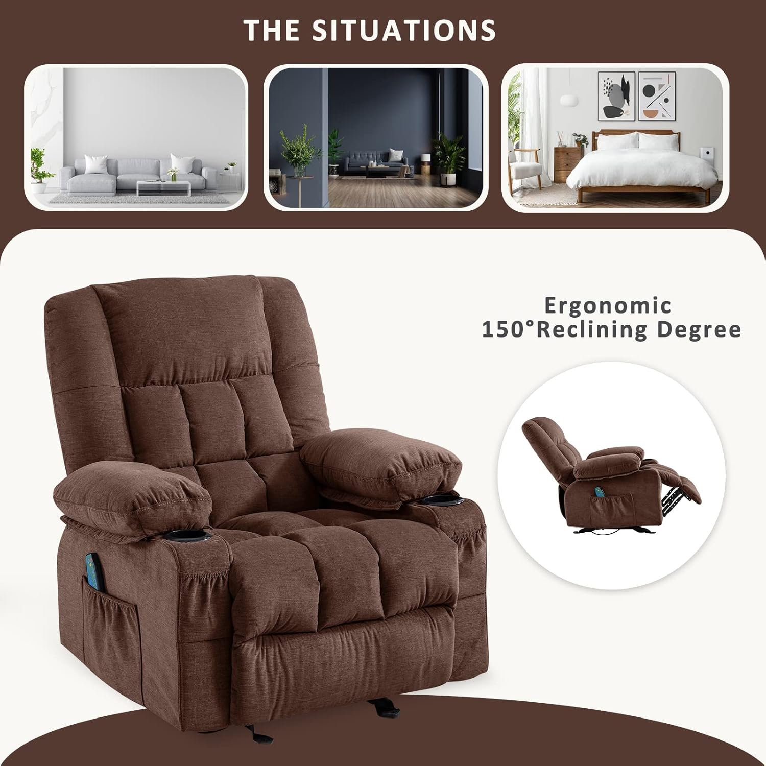 Silla reclinable de masaje con masaje por vibración y calor, ergonómica para sala de estar con función de balanceo y bolsillo lateral, 2 portavasos,