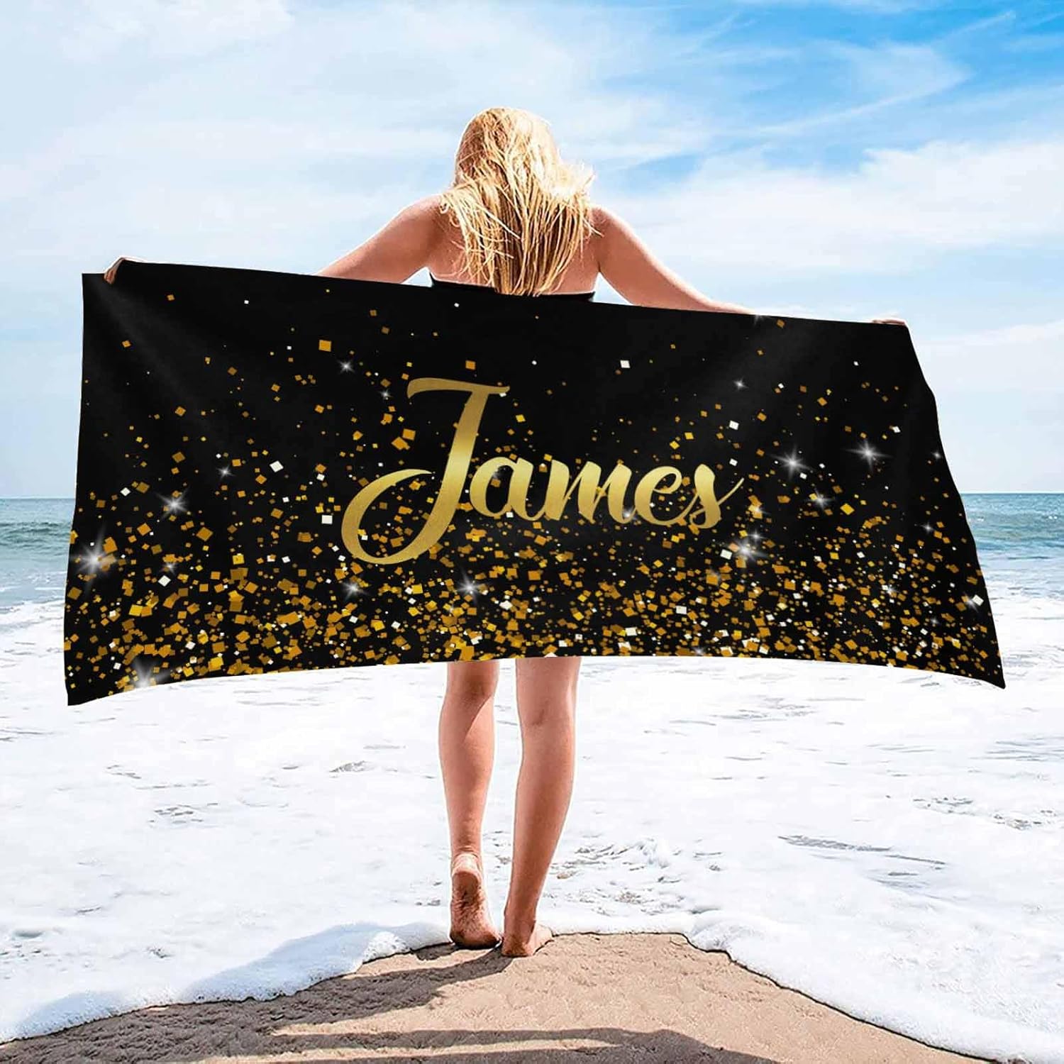 Toalla de playa personalizada con texto dorado brillante, color negro, piscina, natación, viajes, grande, suave, ligera, texto personalizado,