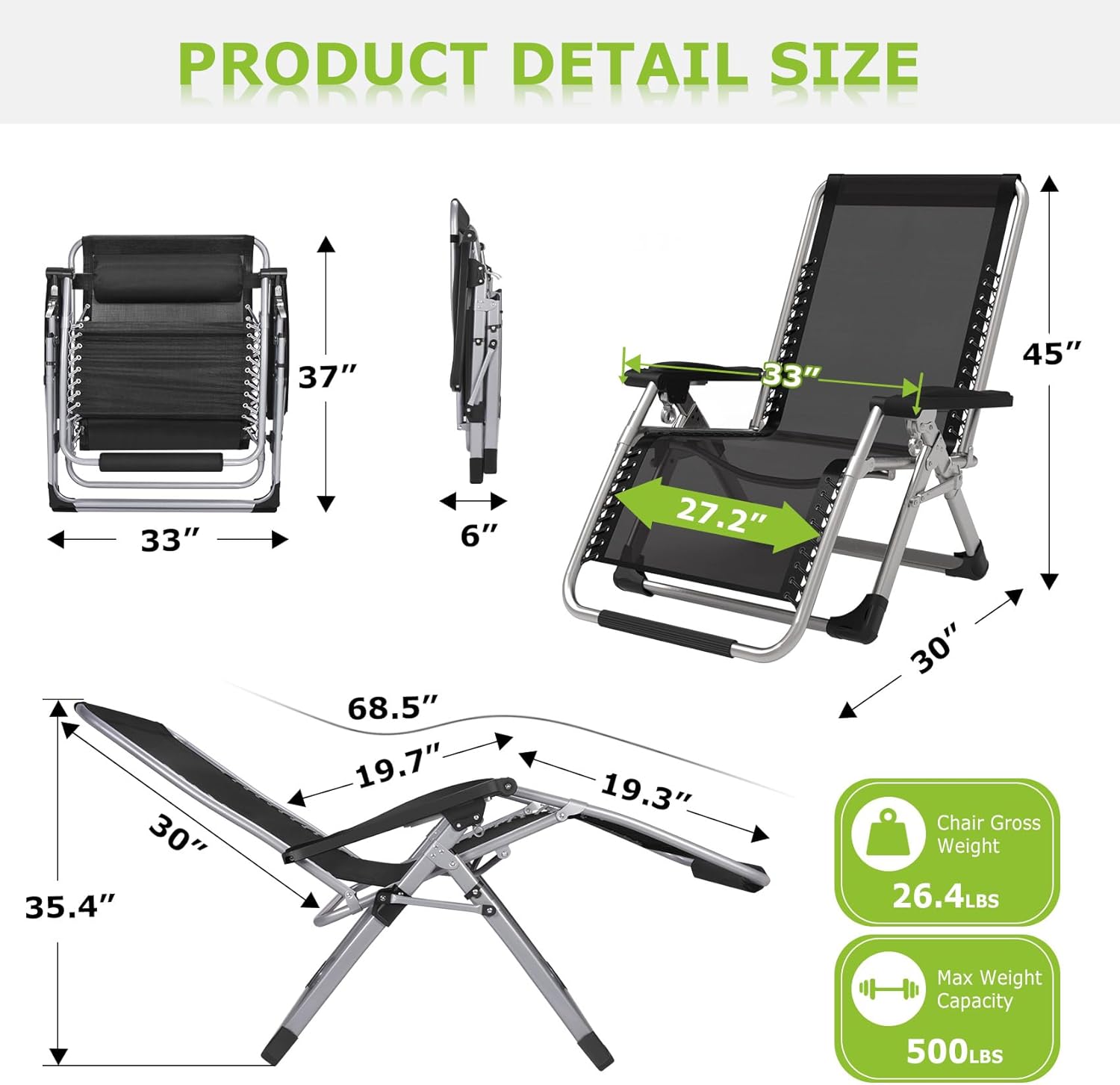 Suteck Silla de gravedad cero de gran tamaño de 33 pulgadas XXL con cojín extraíble, sillas de salón para exteriores, sillón reclinable con soporte