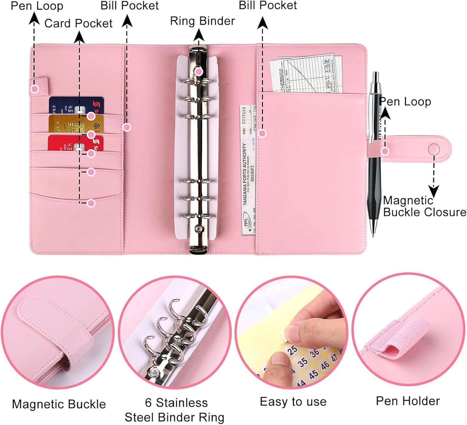 Carpeta de 100 sobres de desafío A5 para ahorro de dinero, carpeta de presupuesto con ranura para tarjetas, anillo de acero inoxidable, 25 hojas,