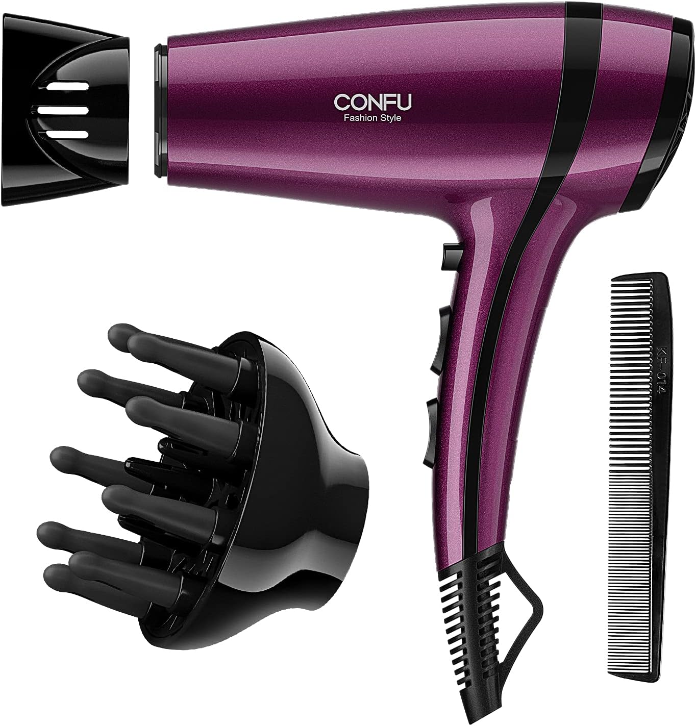 CONFU – Secador de pelo de 1875 W de secado rápido iónico de bajo ruido con 2 velocidades 3 de ajuste de calor frío, boquilla difusora, bolsa de
