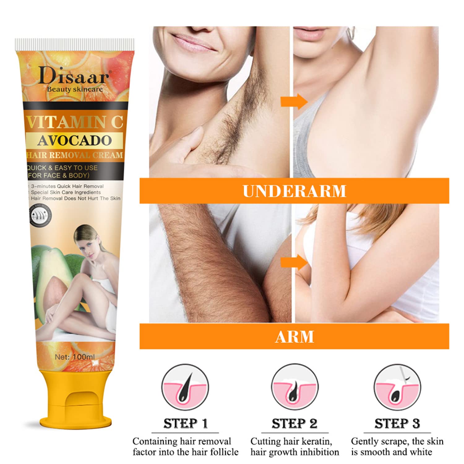DISAAR BEAUTY Vitamina C Aguacate Cara Cuerpo 3 minutos Depilación Rápida Crema Depilación Hidratante Piel 3.4 fl oz