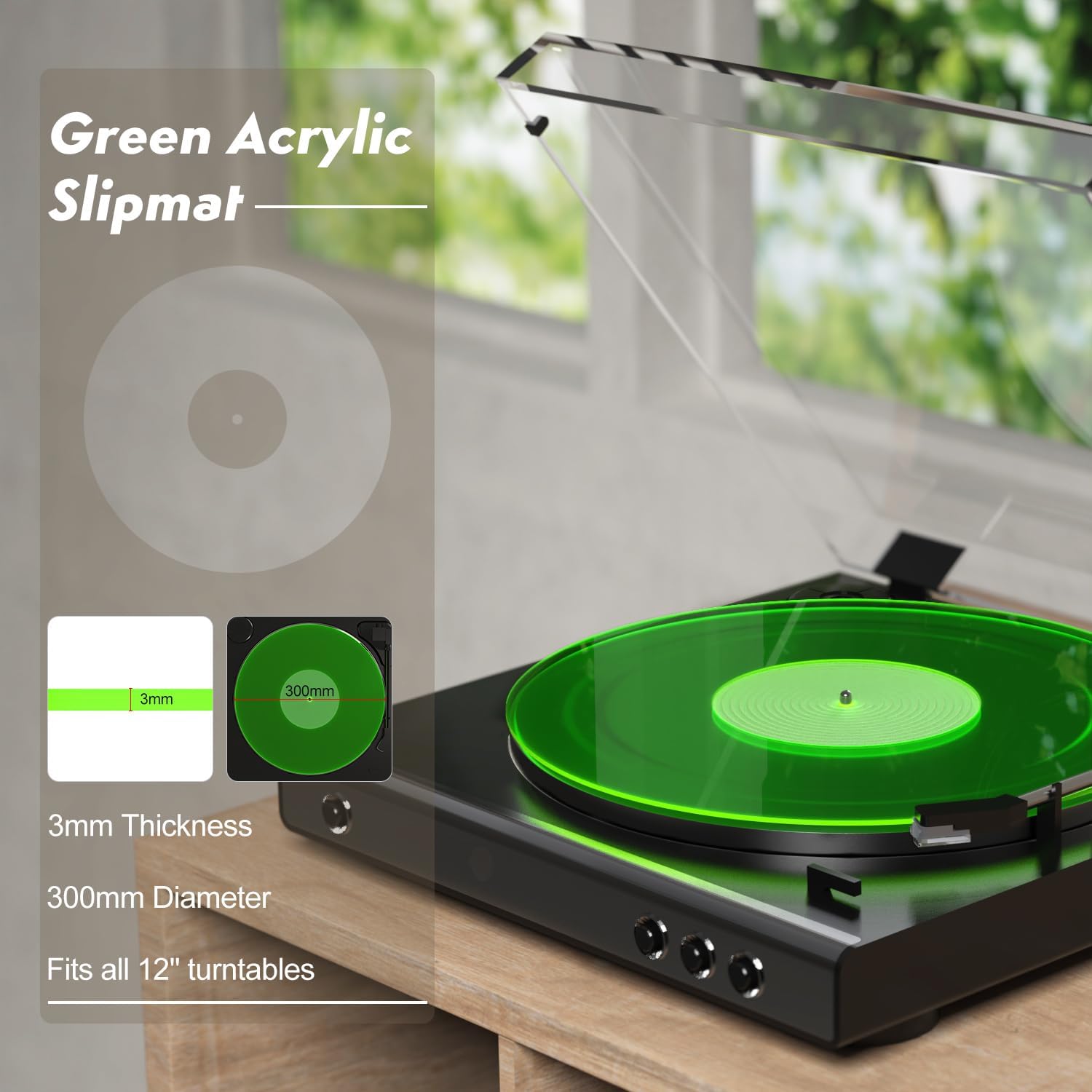 Alfombrilla para tocadiscos para tocadiscos, tapete de vinilo acrílico Greenlit para tocadiscos, antiestático, más apretado y bajo definido, verde