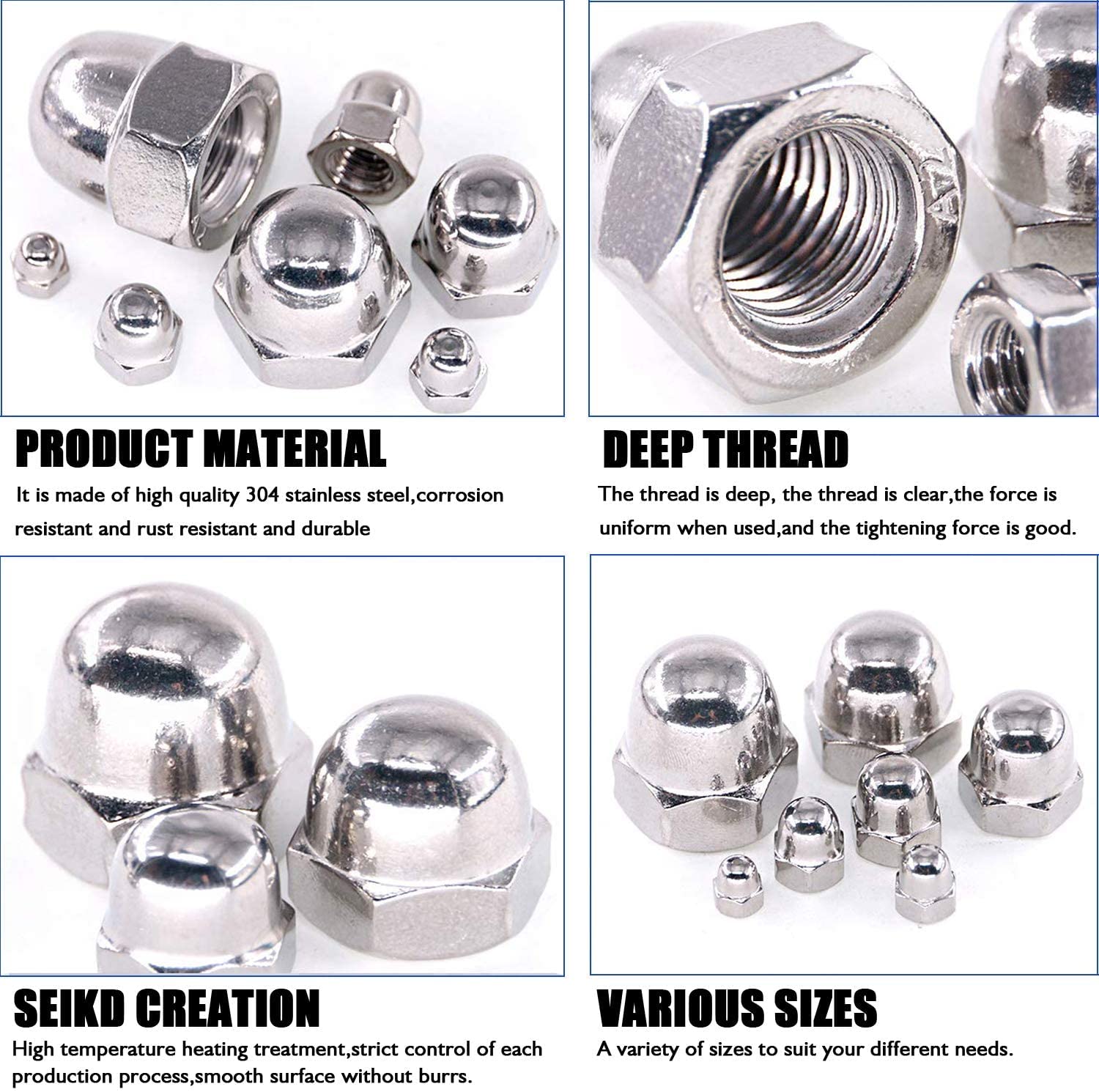 #6-32#8-32#10-24 14-20 516-18 38-16 SAE 304-Acero inoxidable Bellota cabeza cabeza hexagonal tuercas surtidas
