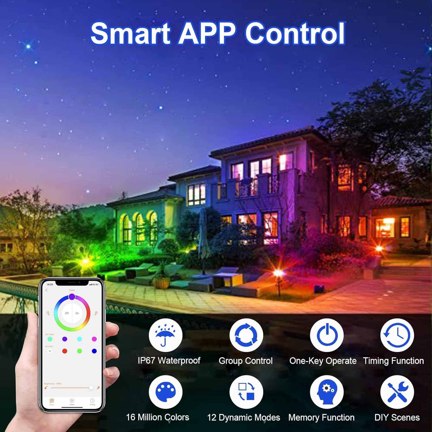 Focos de luz para exteriores, foco impermeable de 15 W LED para exteriores, foco RGBW que cambia de color para patio, luces de paisaje de 12 V con