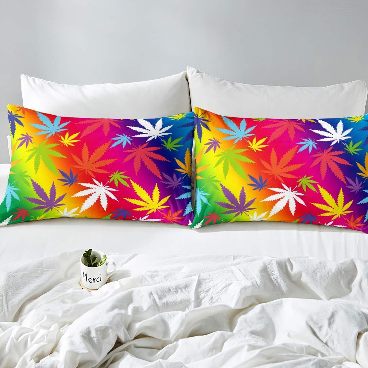 Feelyou Juego de sábanas de hojas de marihuana, hojas de cannabis, sábanas de cama de plantas verdes de hierba arcoíris, juego de ropa de cama de