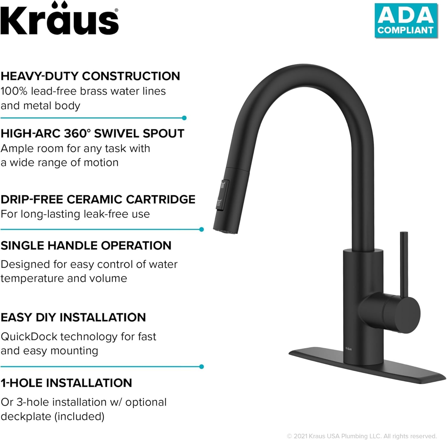 KRAUS Oletto – Grifo de cocina monomando extraíble con instalación de montaje superior QuickDock, en negro mate, KPF-2620MB