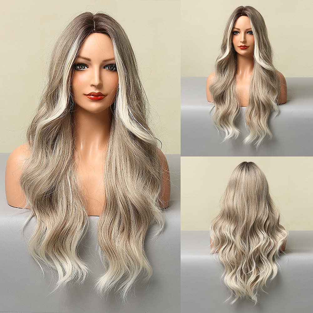 meierjia Peluca de oro degradado luminoso de 26 pulgadas encarna el encanto de moda con nuestra peluca de cabeza completa con onda grande, dividida