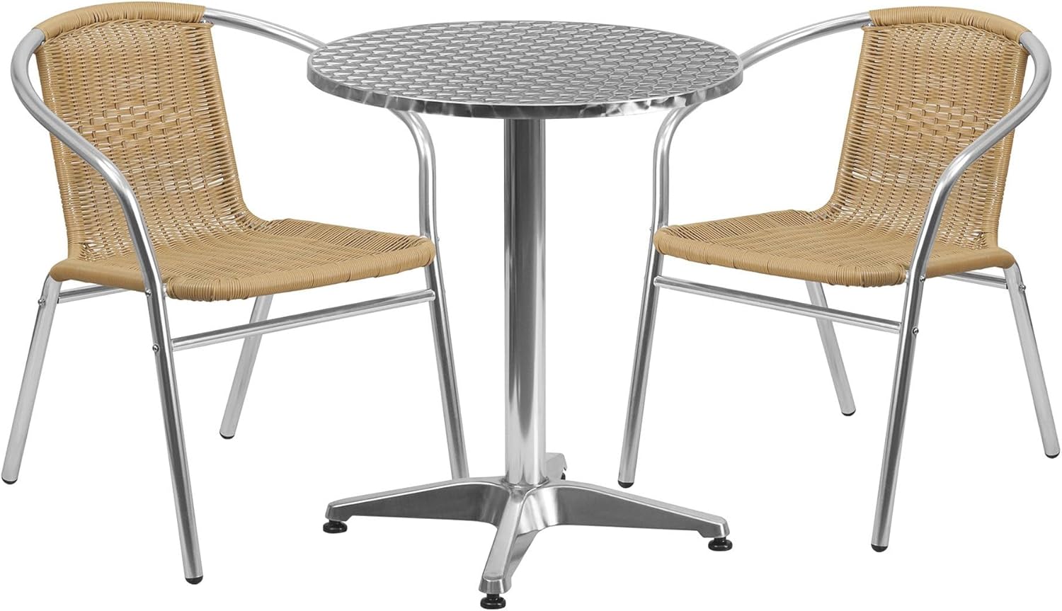 23.5″ redondo para interiores y exteriores juego de mesa de restaurante de aluminio con 2, color beige sillas de ratán