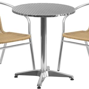 23.5″ redondo para interiores y exteriores juego de mesa de restaurante de aluminio con 2, color beige sillas de ratán 23.5″ redondo para interiores y exteriores juego de mesa de restaurante de aluminio con 2, color beige sillas de ratán