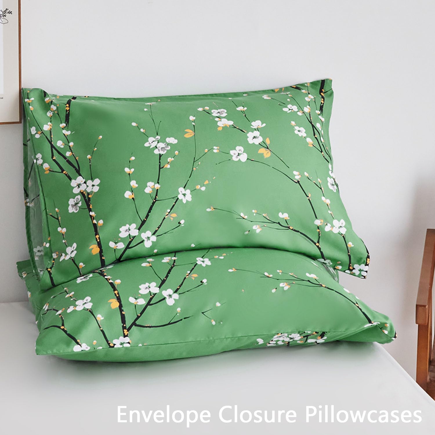 ZANBAST – Juego de sábanas de 4 piezas con estampado de flores verdes, estilo granja, se adapta fácilmente a sábanas de microfibra para todas las