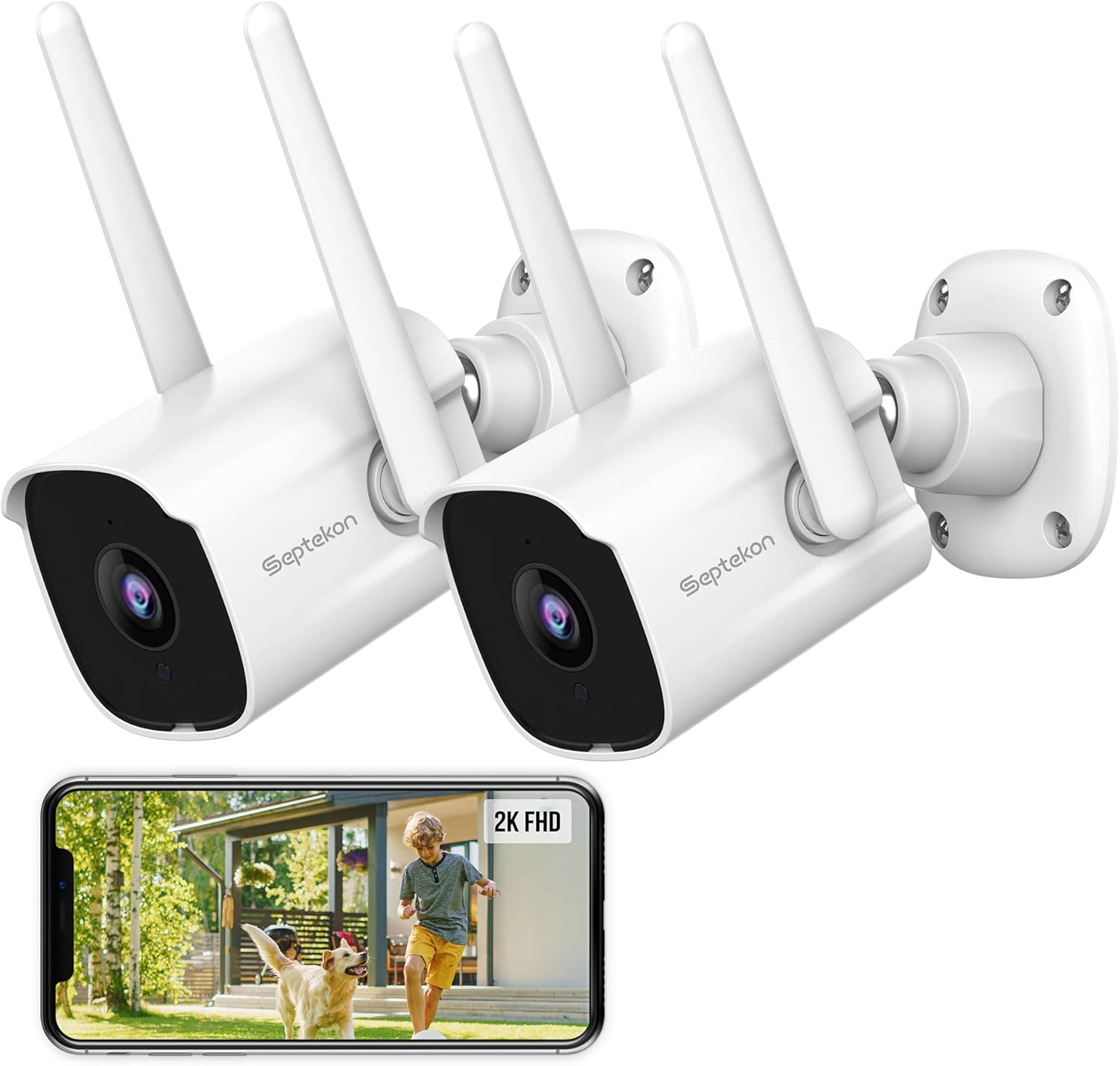 Septekon Cámara de seguridad 2K para exteriores, paquete de 2, cámaras de seguridad WiFi 2.4G con sirena inteligente, visión nocturna, detección de