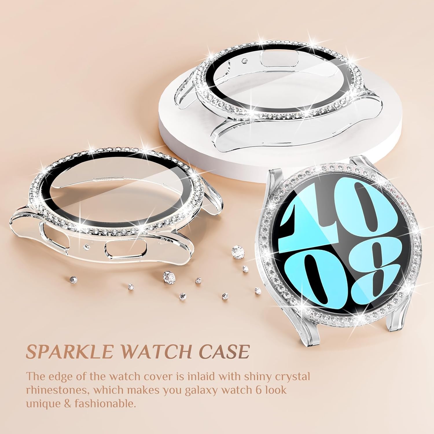 Goton Paquete de 3 fundas brillantes para Samsung Galaxy Watch 6, protector de pantalla de 1.732 in, vidrio templado con purpurina de diamante para