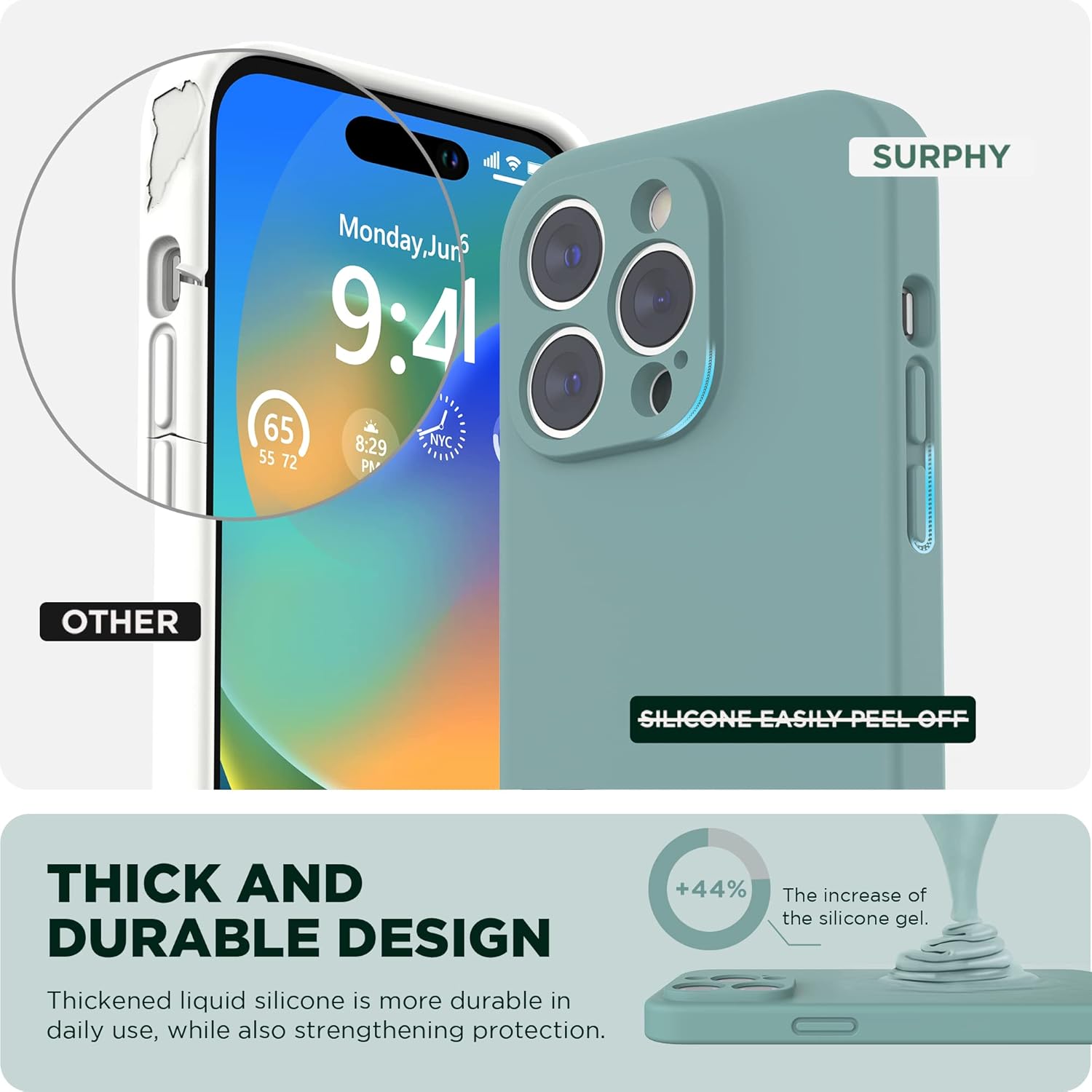 SURPHY Funda diseñada para iPhone 14 Pro con protector de pantalla, (protección de cámara y forro de microfibra suave), funda de silicona líquida,