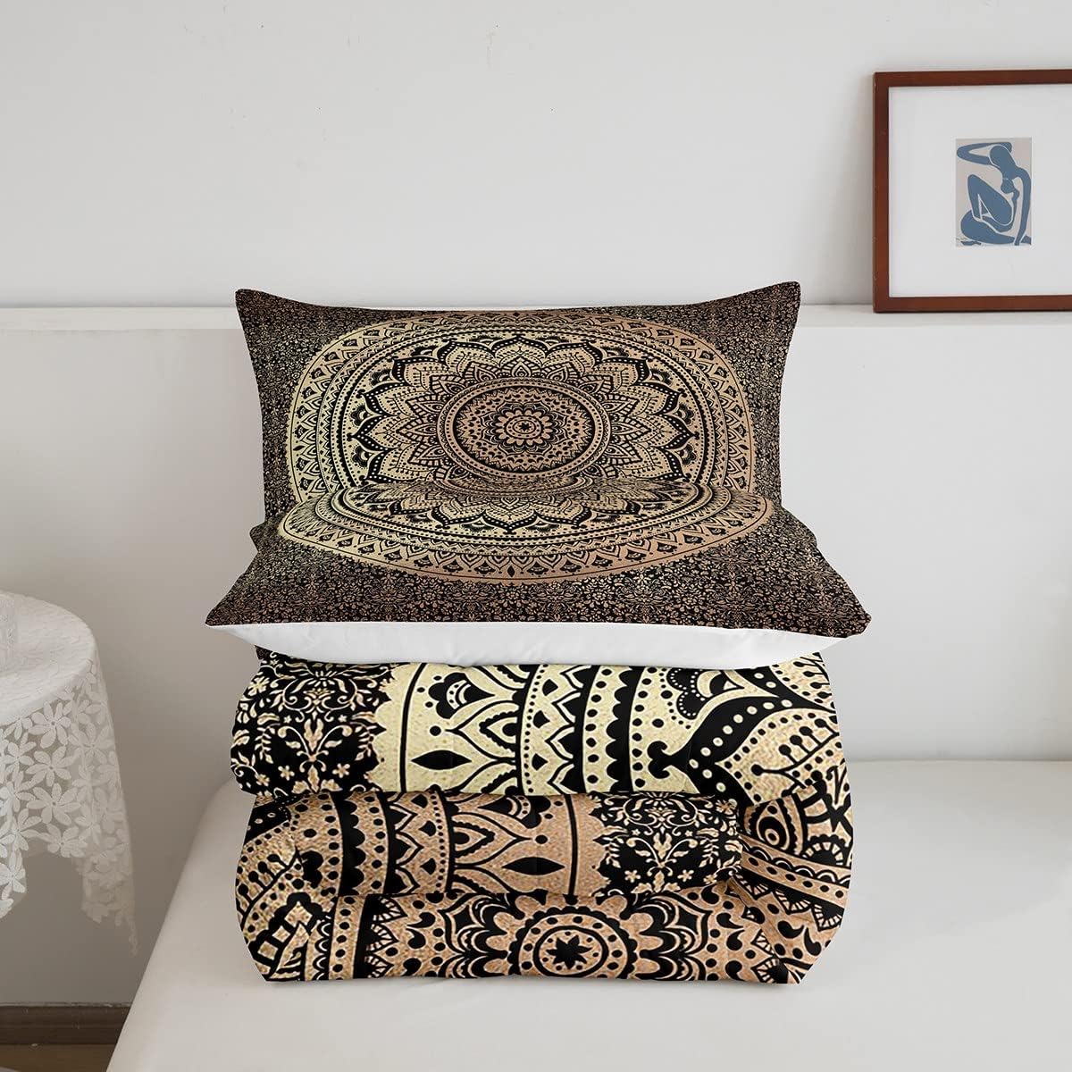 Castle Fairy Juego de edredón bohemio de mandala para niños, niñas, niños y adolescentes, edredón bohemio de 3 piezas, color marrón y negro, tamaño