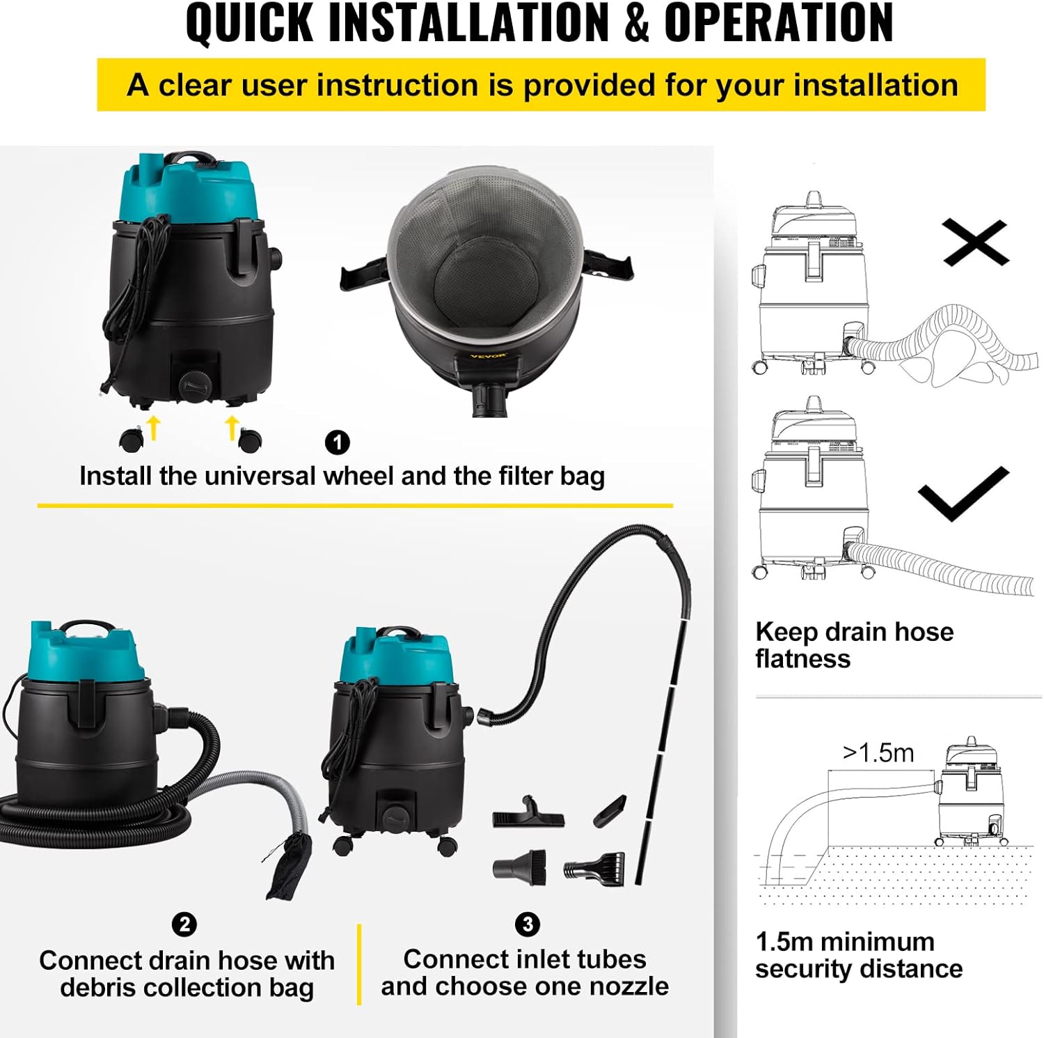 VEVOR Aspiradora de estanque, motor de 1400 W en sistema de succión de una sola cámara, motor de 120 V con cable eléctrico de 15 pies, 4 cabezales