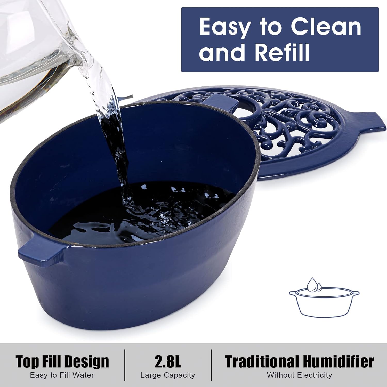 Vaporizador de estufa de leña, humidificador de hierro fundido para estufa, decoración de interiores del hogar, acabado negro mate, resistente a la