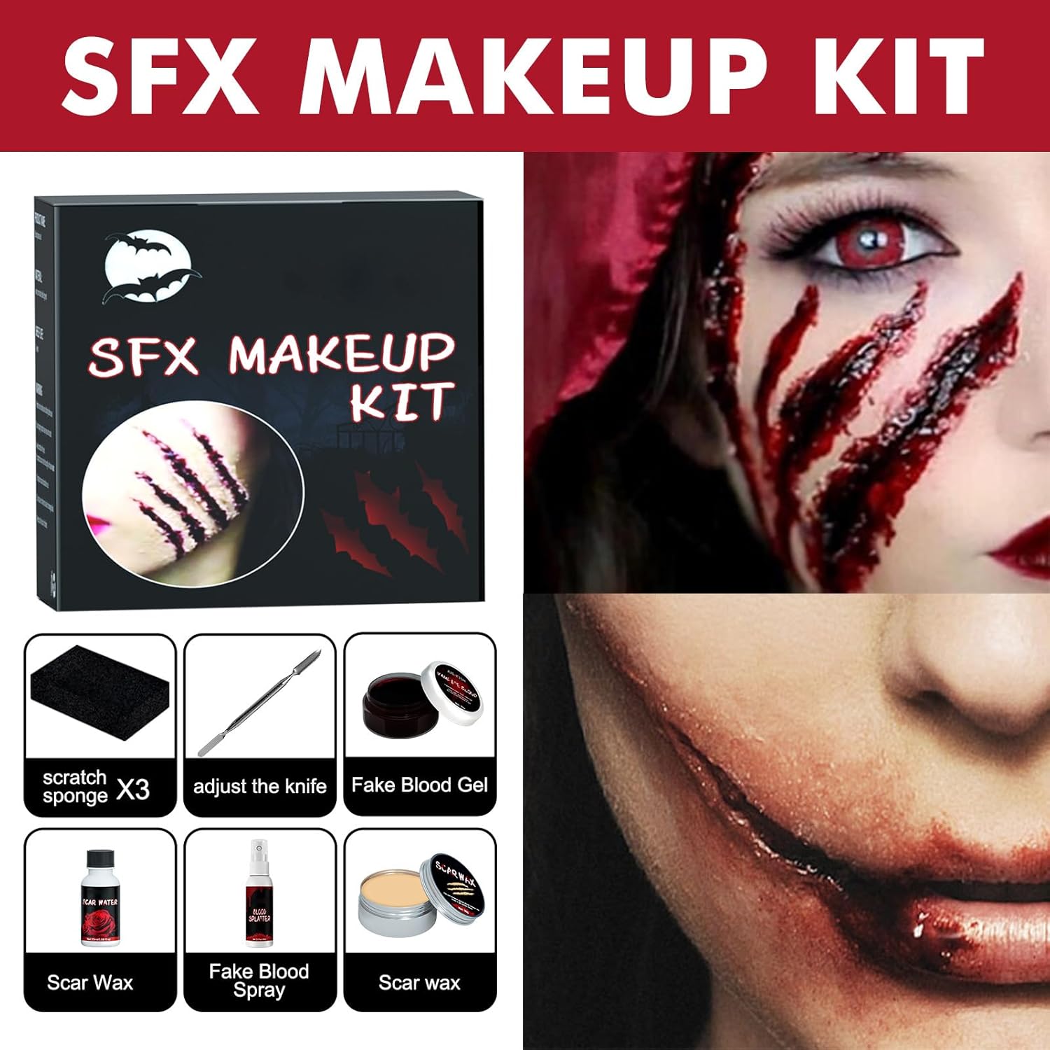 SOVONCARE Scar Wax SFX – Kit de maquillaje en aerosol de sangre falsa de Halloween, kit de maquillaje de efectos especiales, 3 esponjas de punteo,