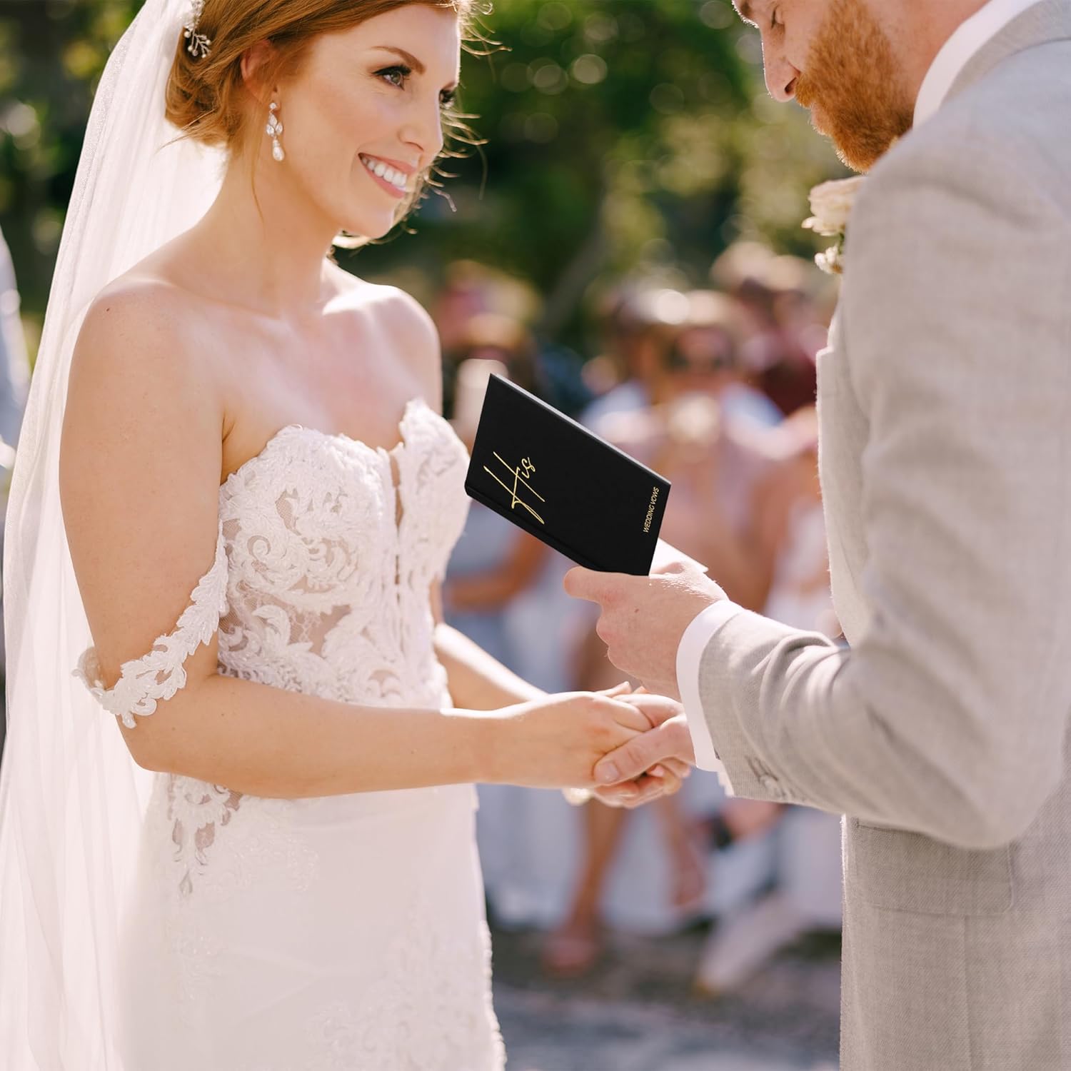 Elegantes libros de votos de boda de lino con letras de lámina dorada, libros de juramentos de tamaño perfecto para él y para ella con muchas
