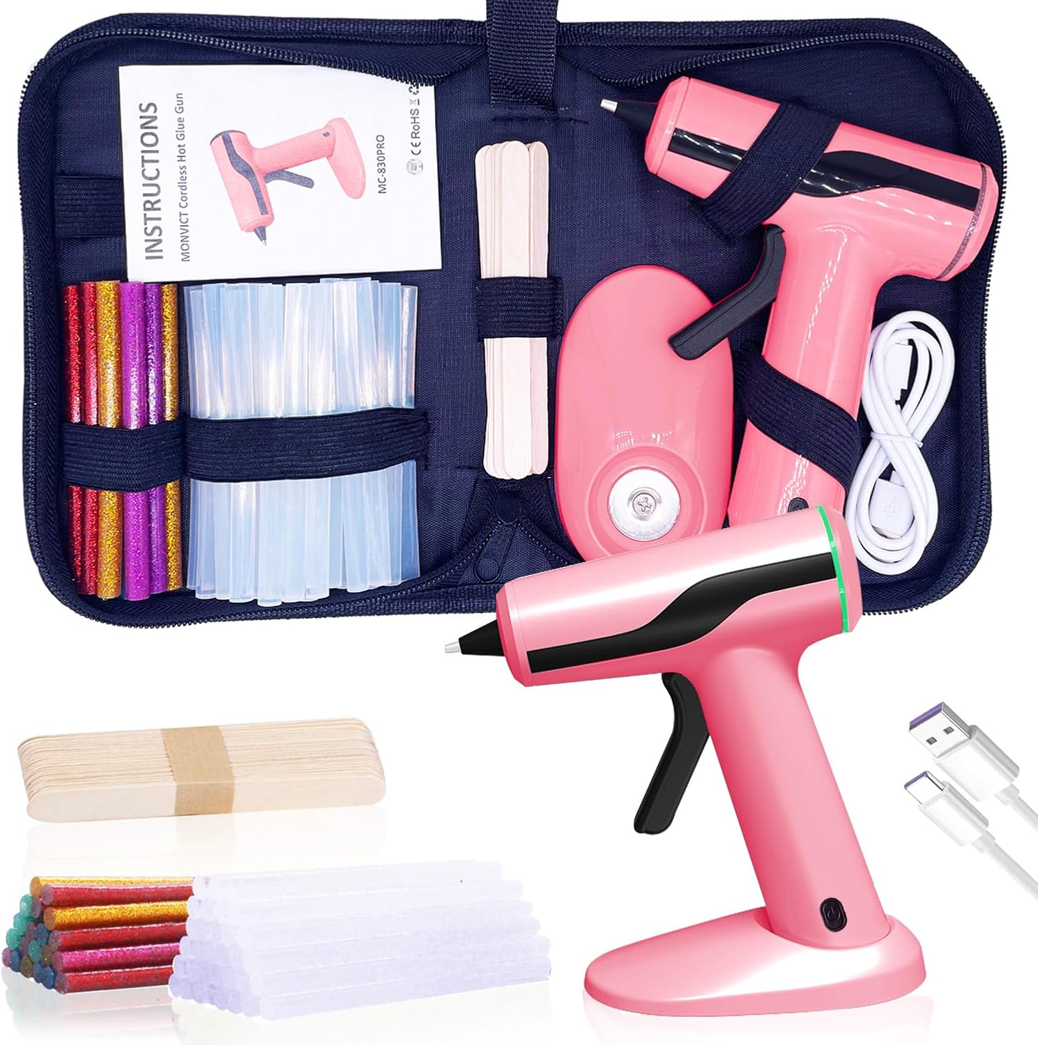 MONVICT Kit de pistola de pegamento caliente inalámbrica, mini pistola de pegamento rosa recargable USB-C con 40 barras de pegamento premium, 10