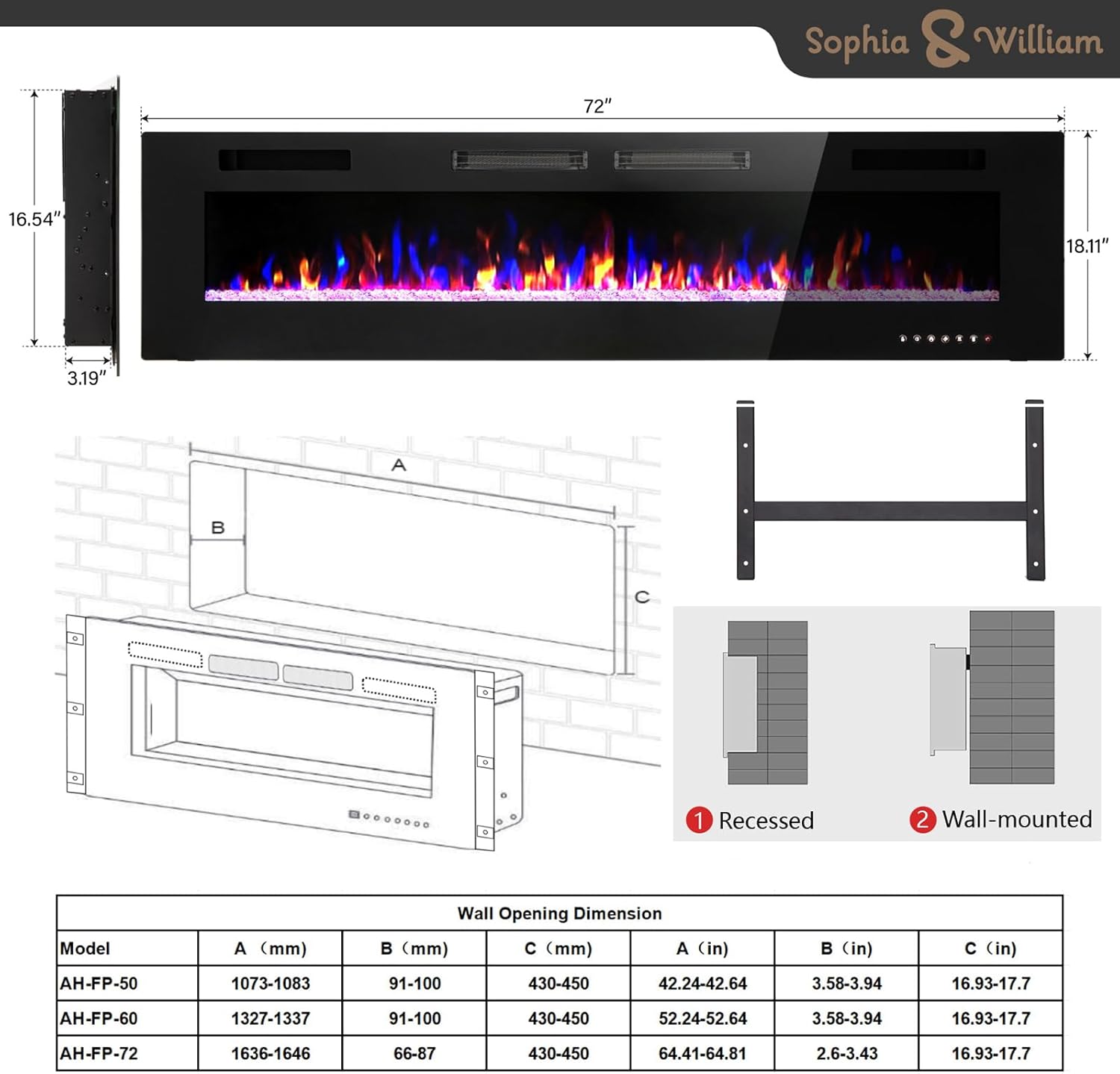 Sophia & William Chimenea eléctrica de 72 pulgadas montada en la pared y empotrada, calentador eléctrico ultrafino de 3.86 pulgadas con control